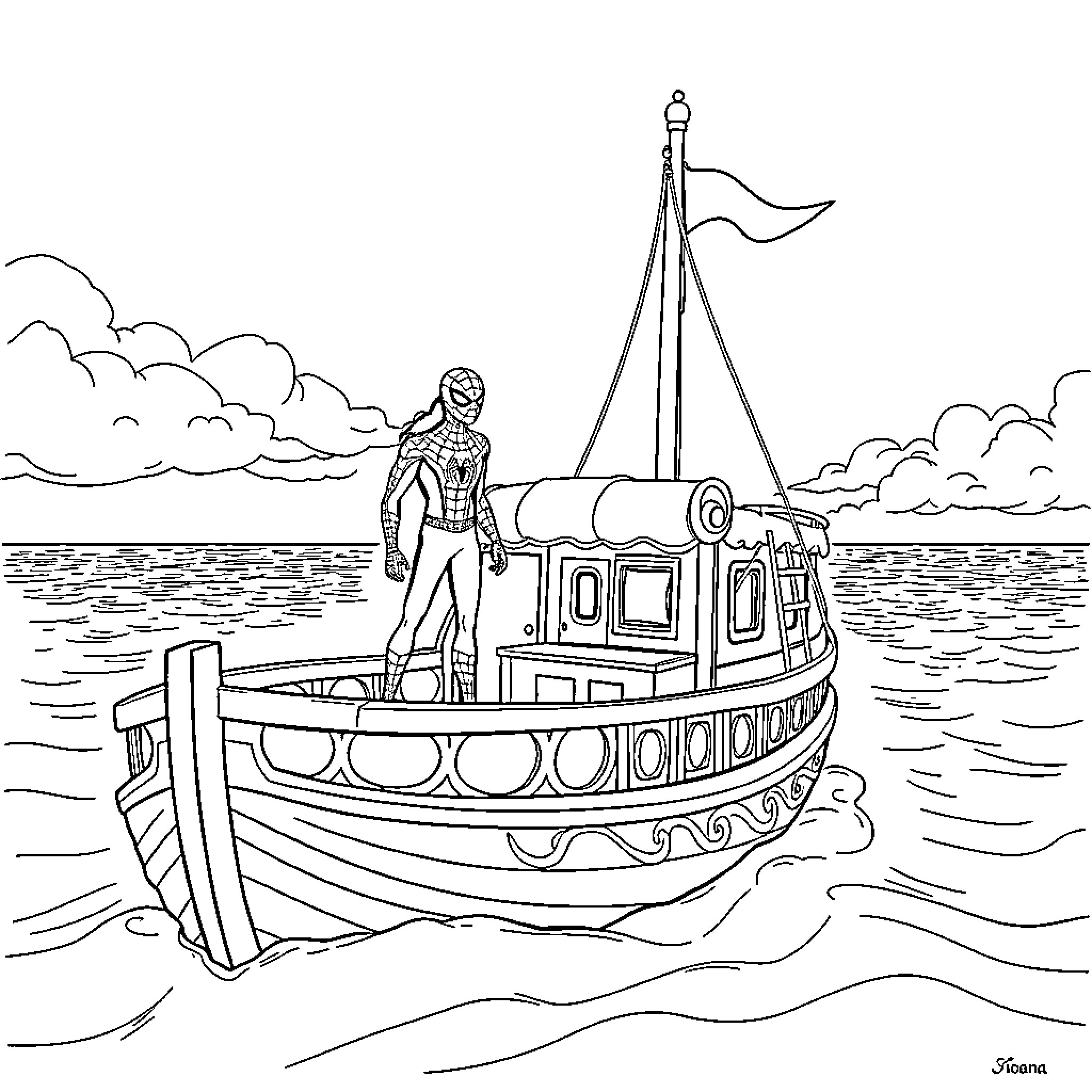 Spiderman sailing on a boat in the ocean Coloring Page (free black-and-white line drawing printable PDF for all, from beginners to advanced learners, including children, teens, adults, and seniors)