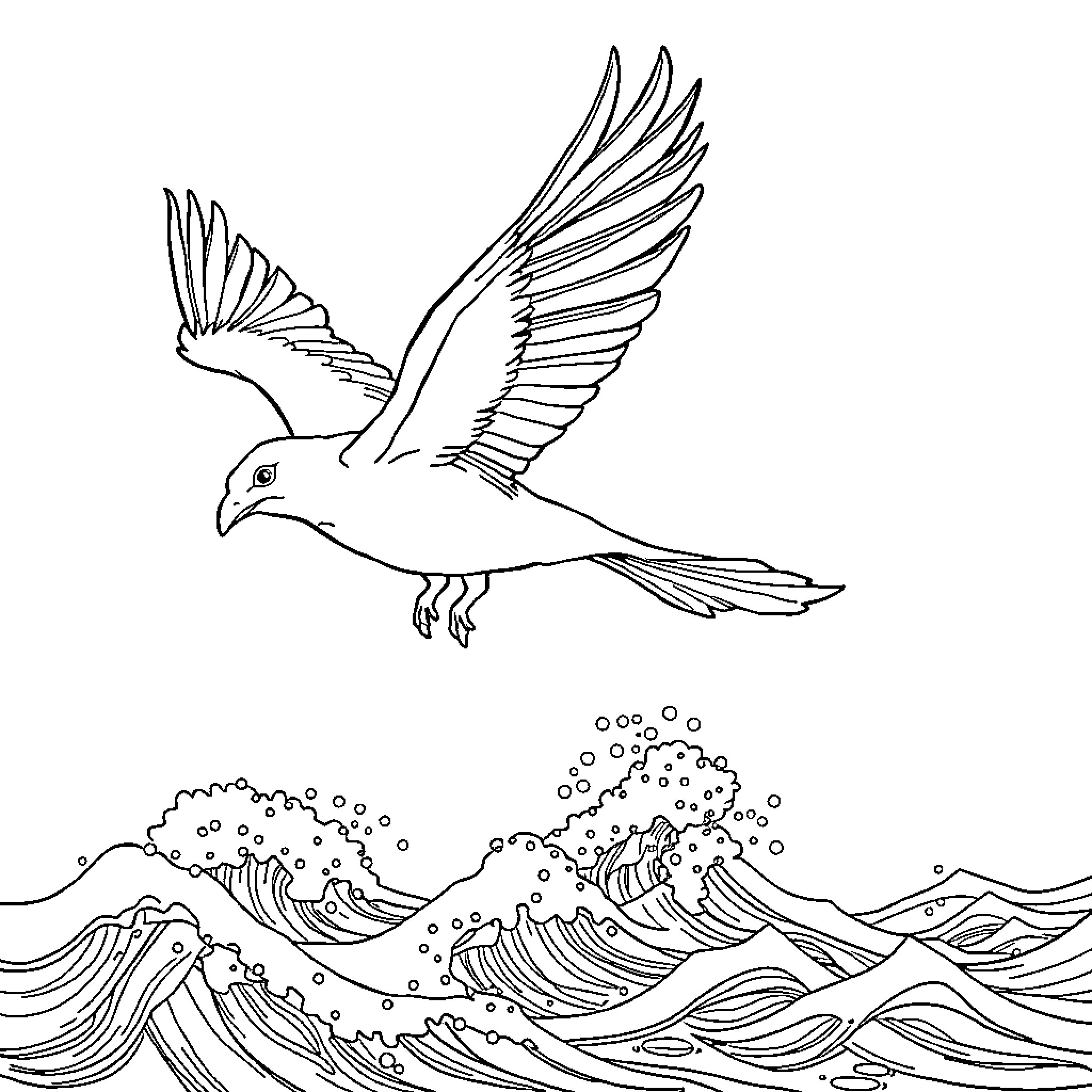 Sea bird soaring above the waves Coloring Page (free black-and-white line drawing printable PDF for all, from beginners to advanced learners, including children, teens, adults, and seniors)