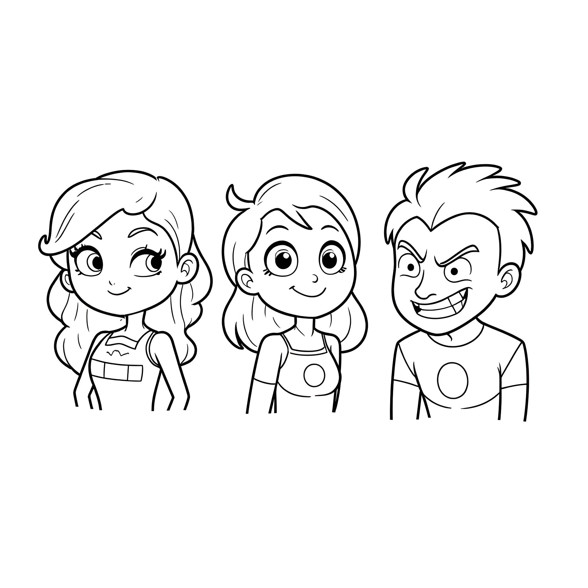 Teen Titans Trio in Lively Poses Coloring Page (free black-and-white line drawing printable PDF for all, from beginners to advanced learners, including children, teens, adults, and seniors)
