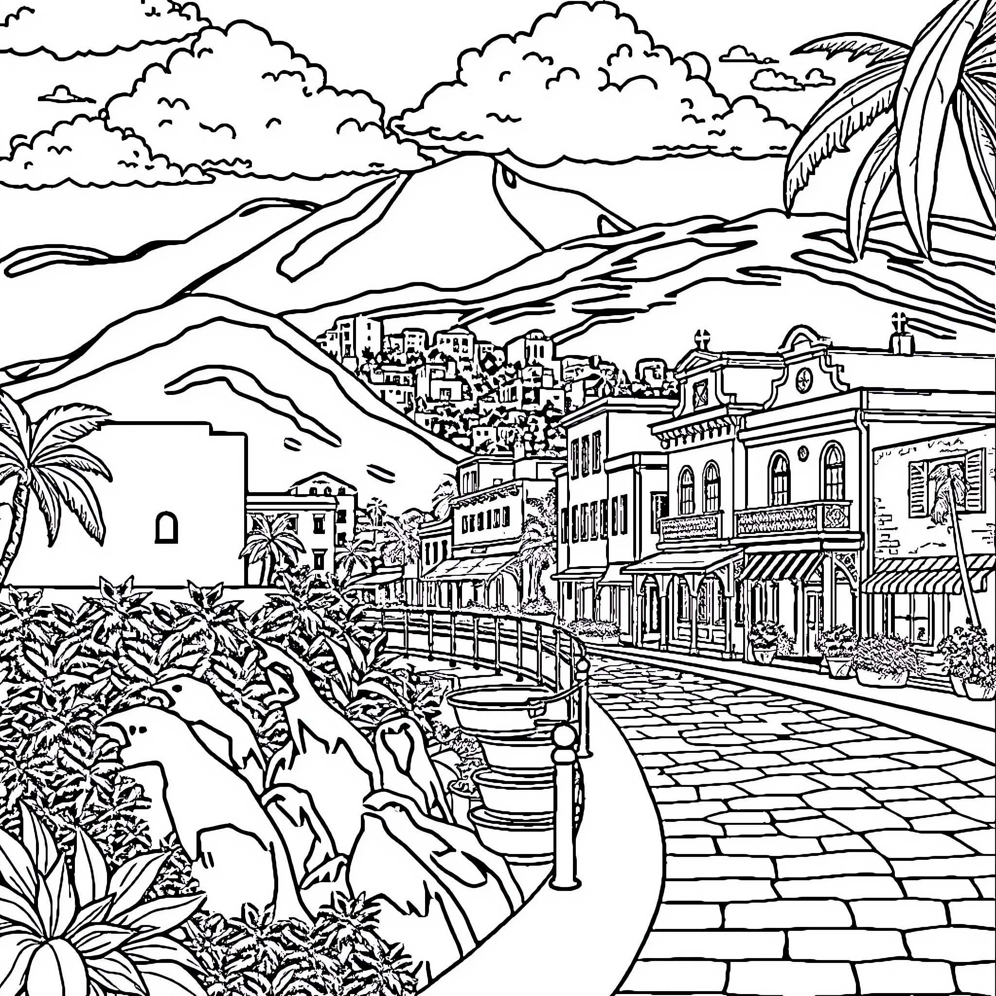 Place filled with people, buildings, and nature scenery Coloring Page (free black-and-white line drawing printable PDF for all, from beginners to advanced learners, including children, teens, adults, and seniors)