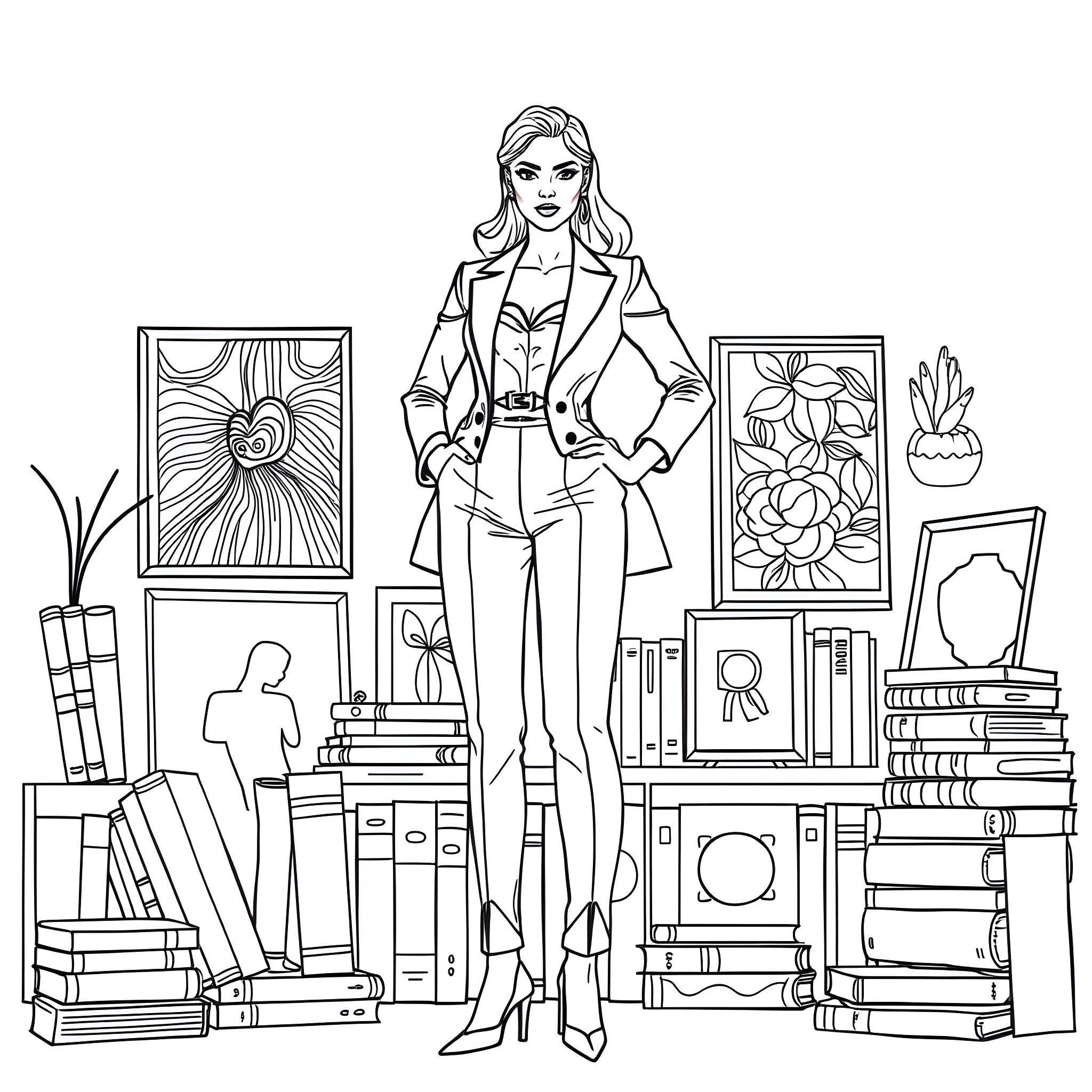 Woman in modern business attire standing in front of artwork and books Coloring Page (free black-and-white line drawing printable PDF for all, from beginners to advanced learners, including children, teens, adults, and seniors)