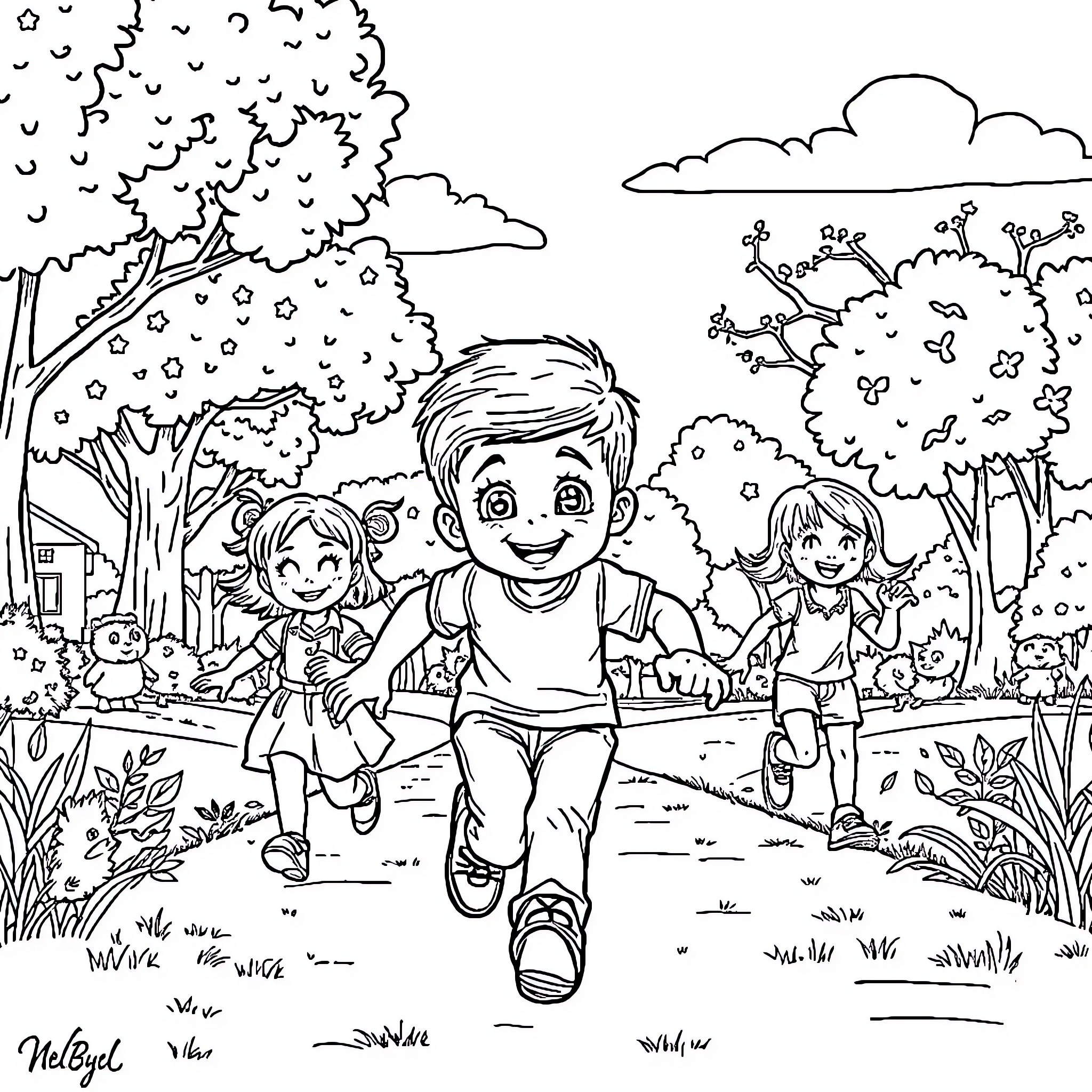 Boy playing with friends in the park Coloring Page (free black-and-white line drawing printable PDF for all, from beginners to advanced learners, including children, teens, adults, and seniors)