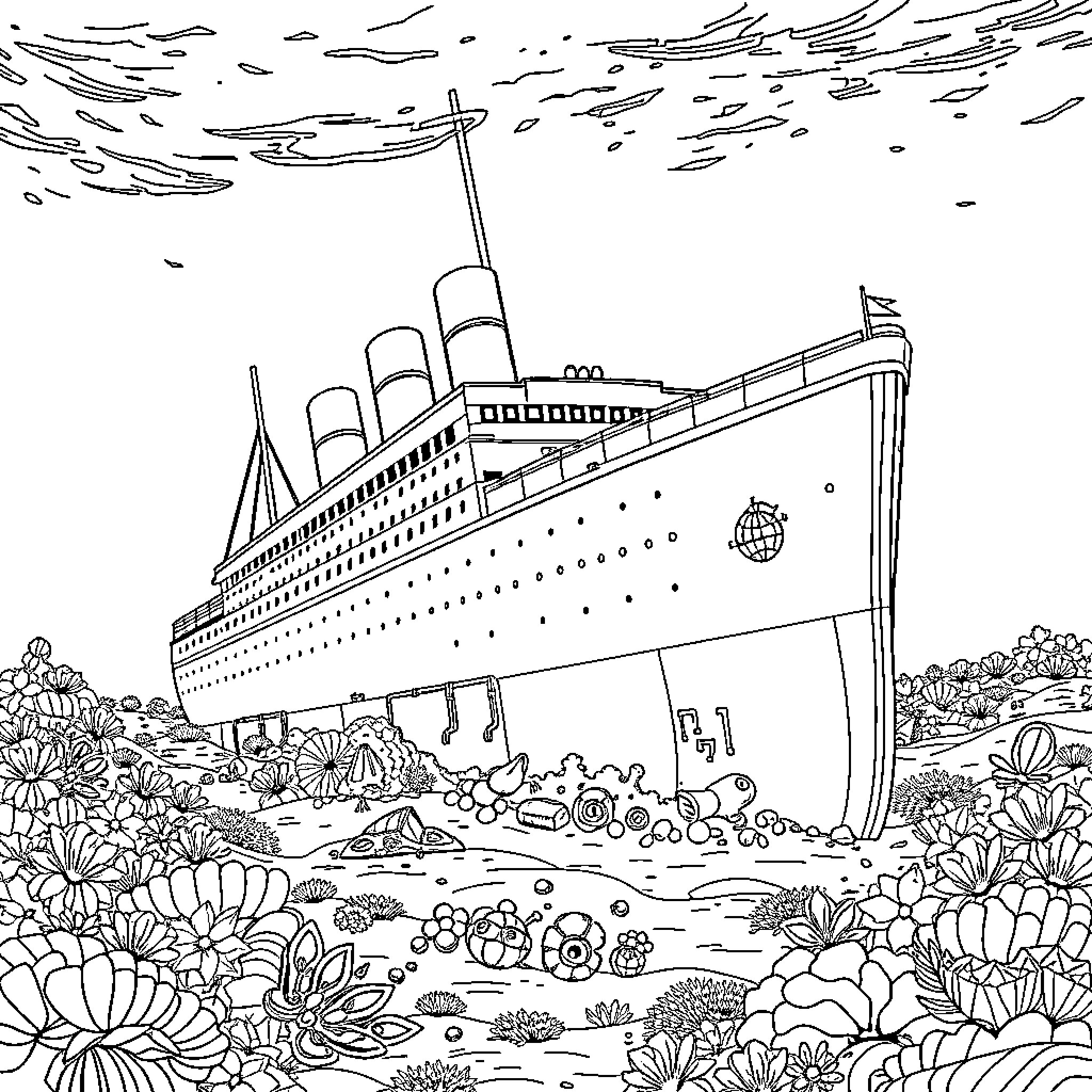 Titanic ship sailing through an ocean of flowers Coloring Page (free black-and-white line drawing printable PDF for all, from beginners to advanced learners, including children, teens, adults, and seniors)