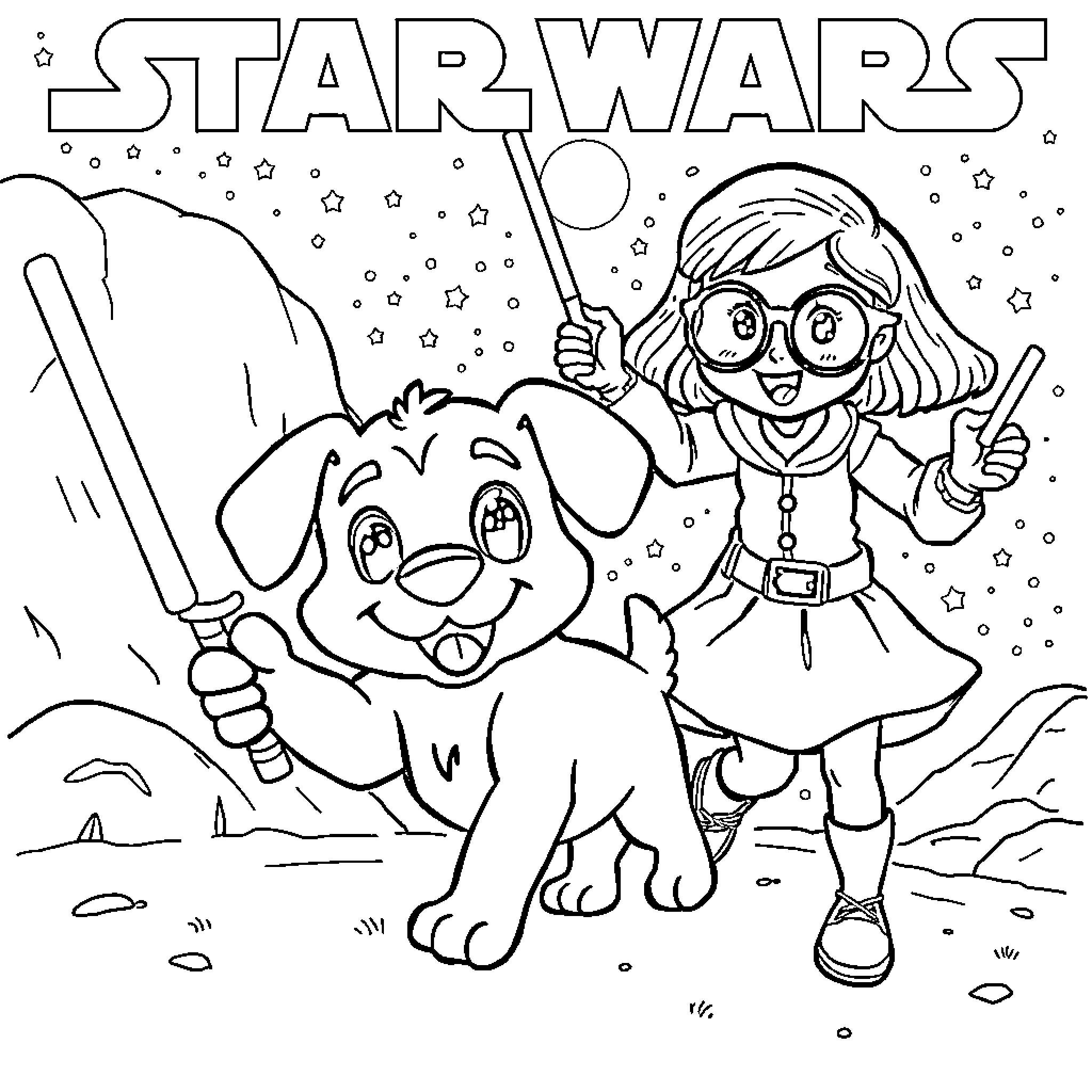 Bluey and puppy exploring Star Wars adventure Coloring Page (free black-and-white line drawing printable PDF for all, from beginners to advanced learners, including children, teens, adults, and seniors)