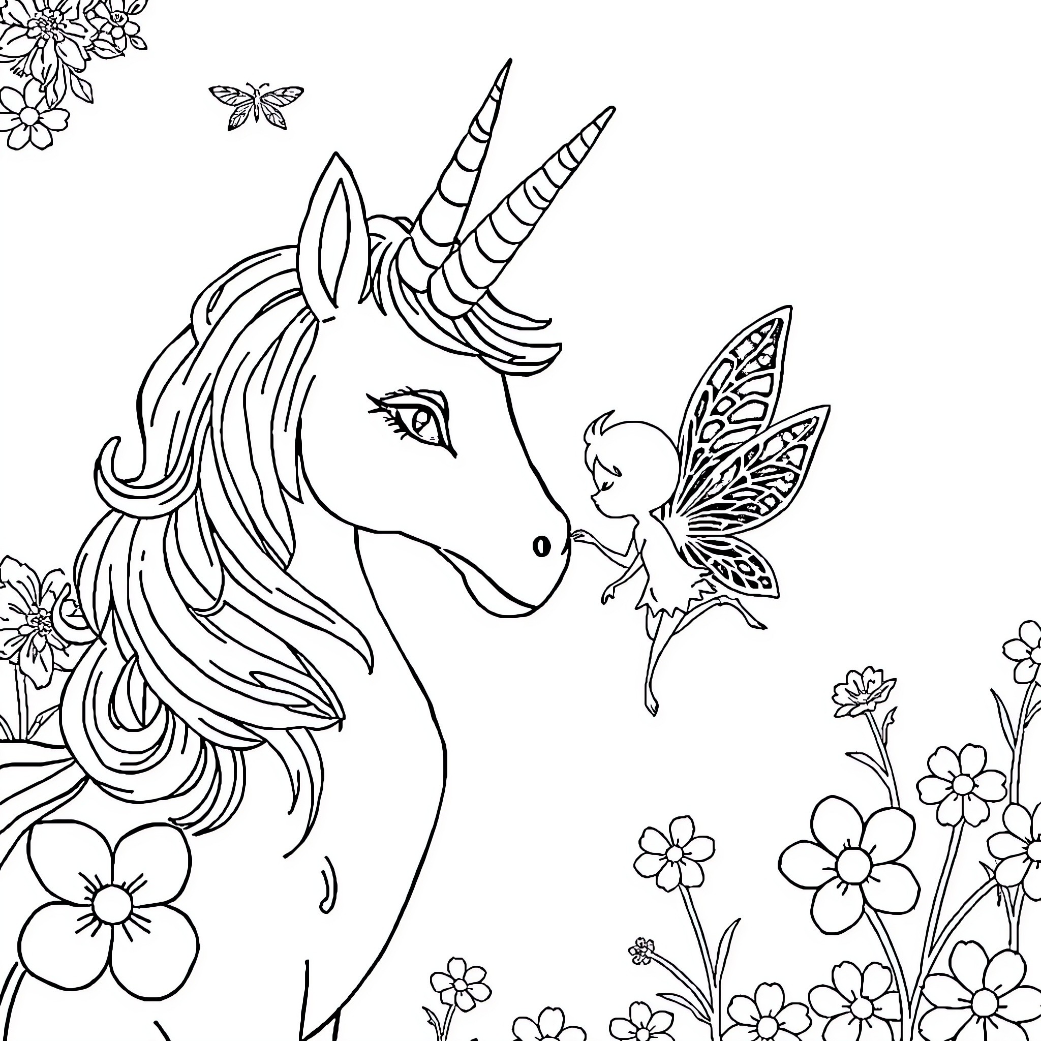 Unicorn and fairy interacting in floral garden Coloring Page (free black-and-white line drawing printable PDF for all, from beginners to advanced learners, including children, teens, adults, and seniors)