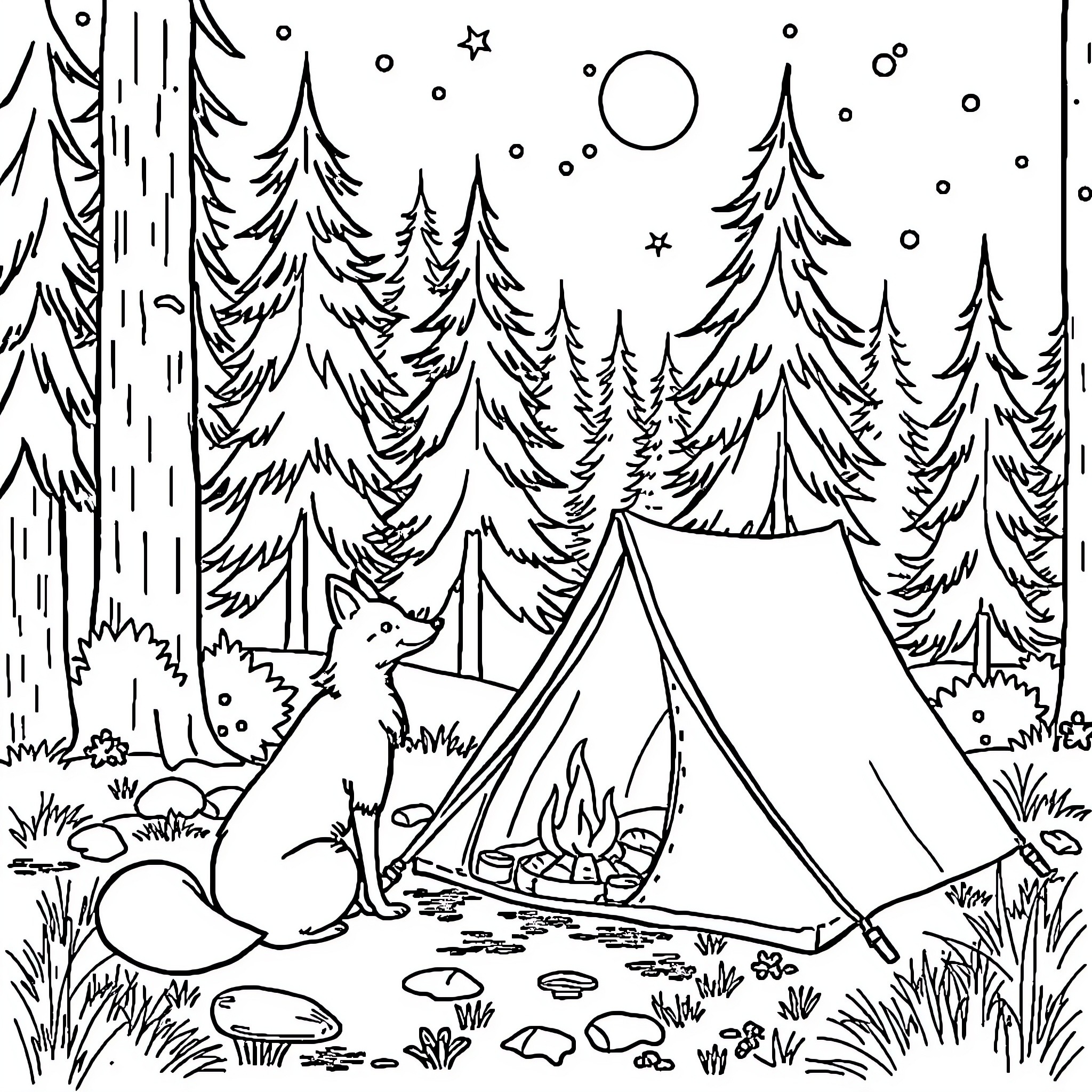 Fox camping in the forest Coloring Page (free black-and-white line drawing printable PDF for all, from beginners to advanced learners, including children, teens, adults, and seniors)