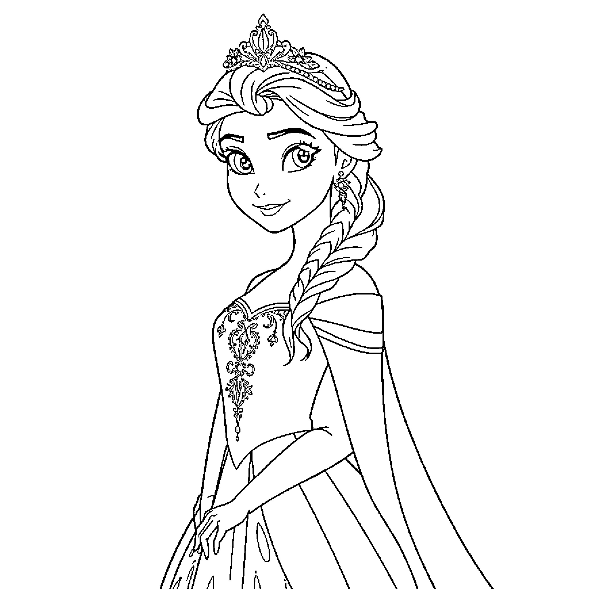 Anna's Enchanting Princess Illustration Coloring Page (free black-and-white line drawing printable PDF for all, from beginners to advanced learners, including children, teens, adults, and seniors)
