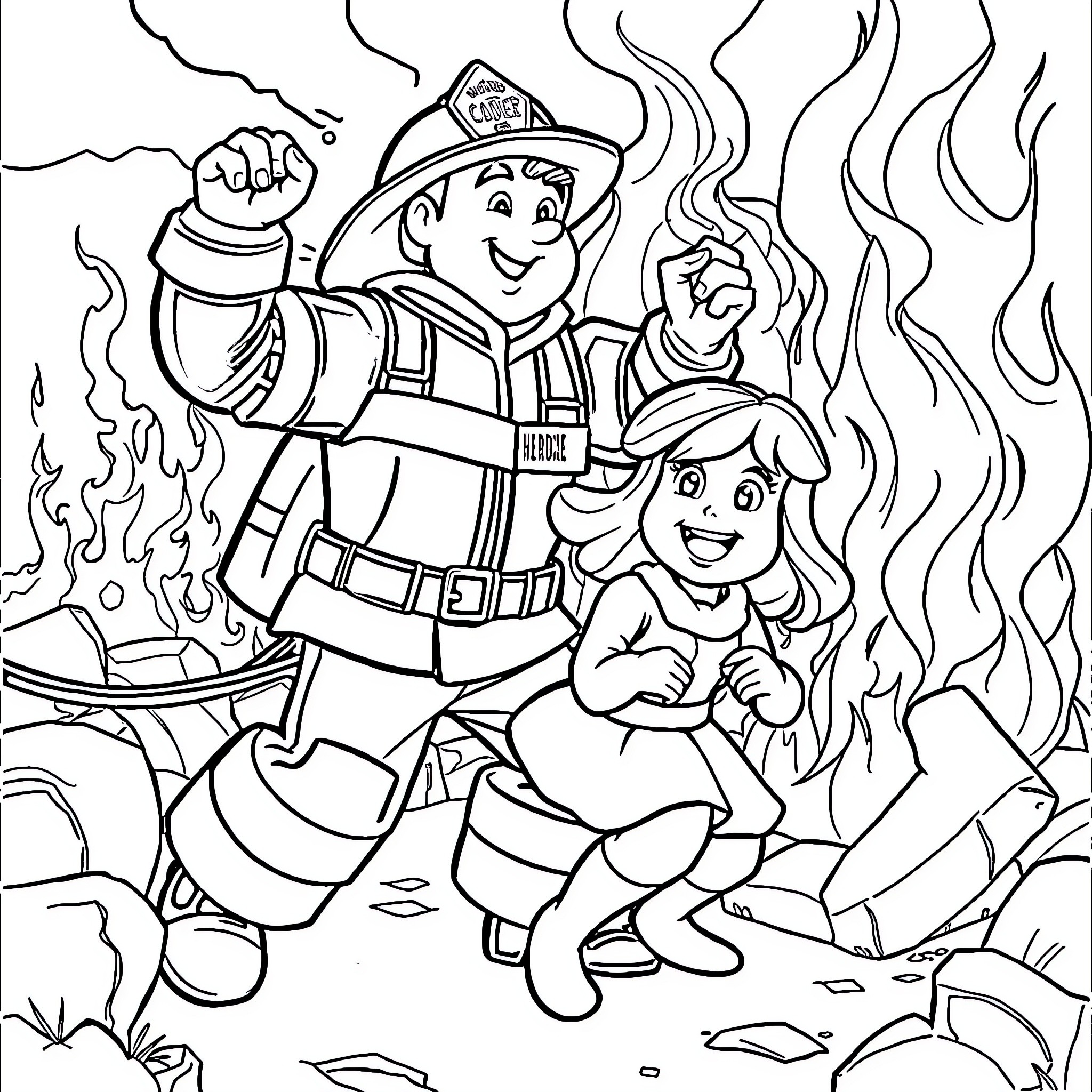 Fireman Sam and Young Firefighter Battling Flames Coloring Page (free black-and-white line drawing printable PDF for all, from beginners to advanced learners, including children, teens, adults, and seniors)