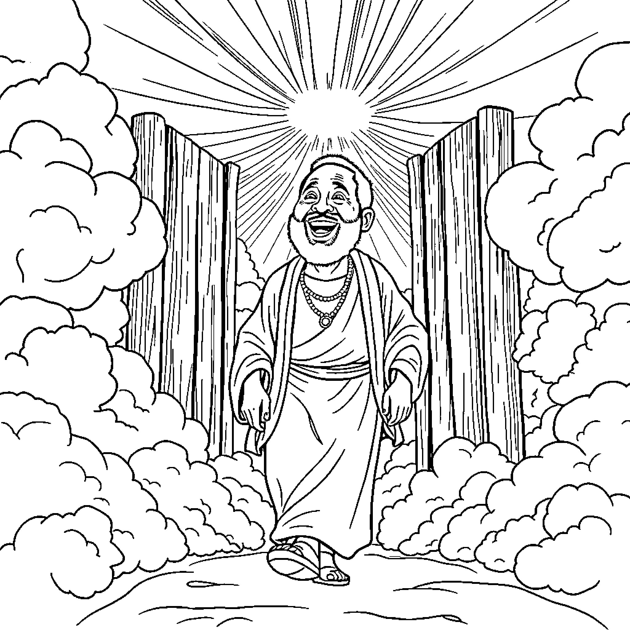 Raila Odinga depicted in a divine, heavenly scene Coloring Page (free black-and-white line drawing printable PDF for all, from beginners to advanced learners, including children, teens, adults, and seniors)