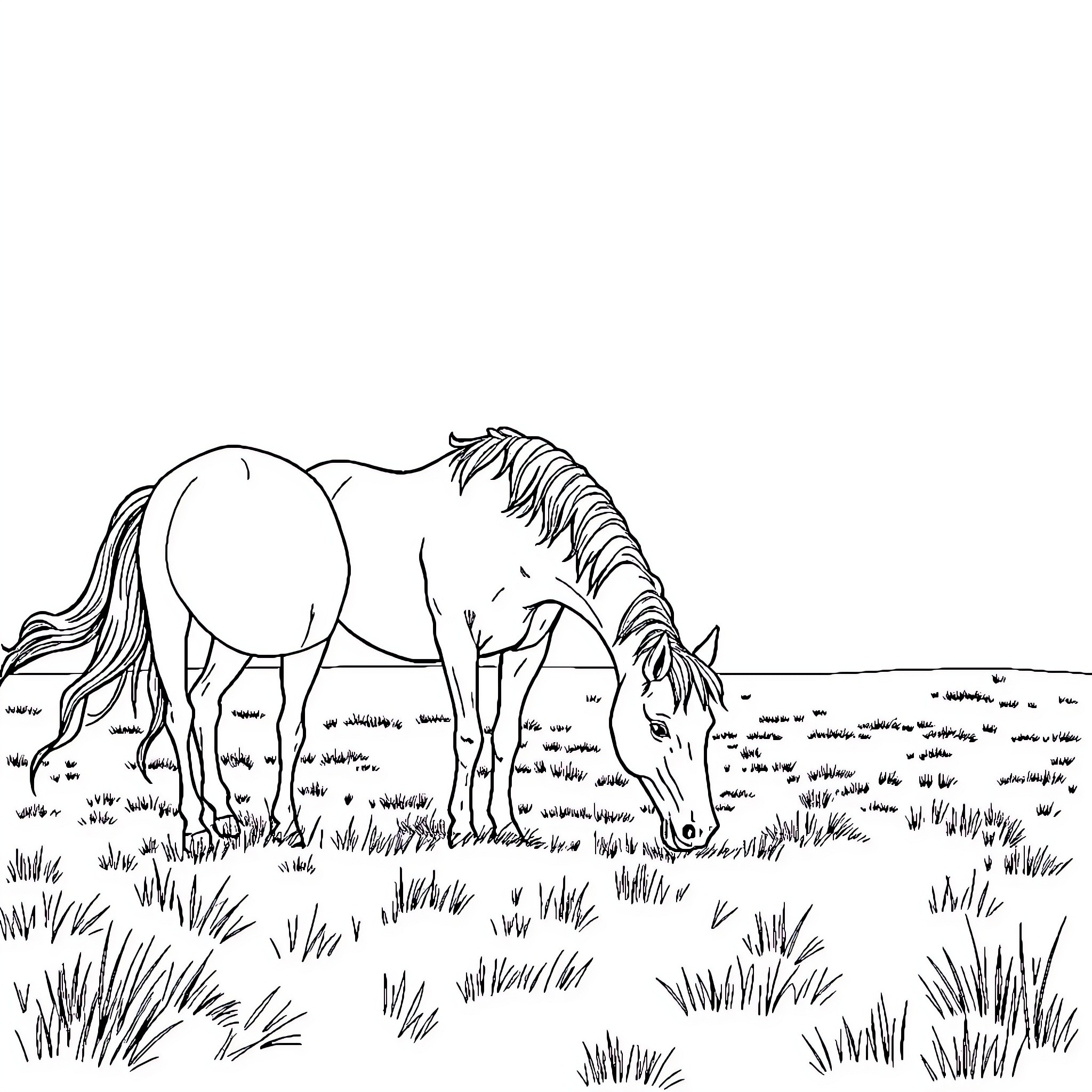 Horse grazing peacefully in the field Coloring Page (free black-and-white line drawing printable PDF for all, from beginners to advanced learners, including children, teens, adults, and seniors)