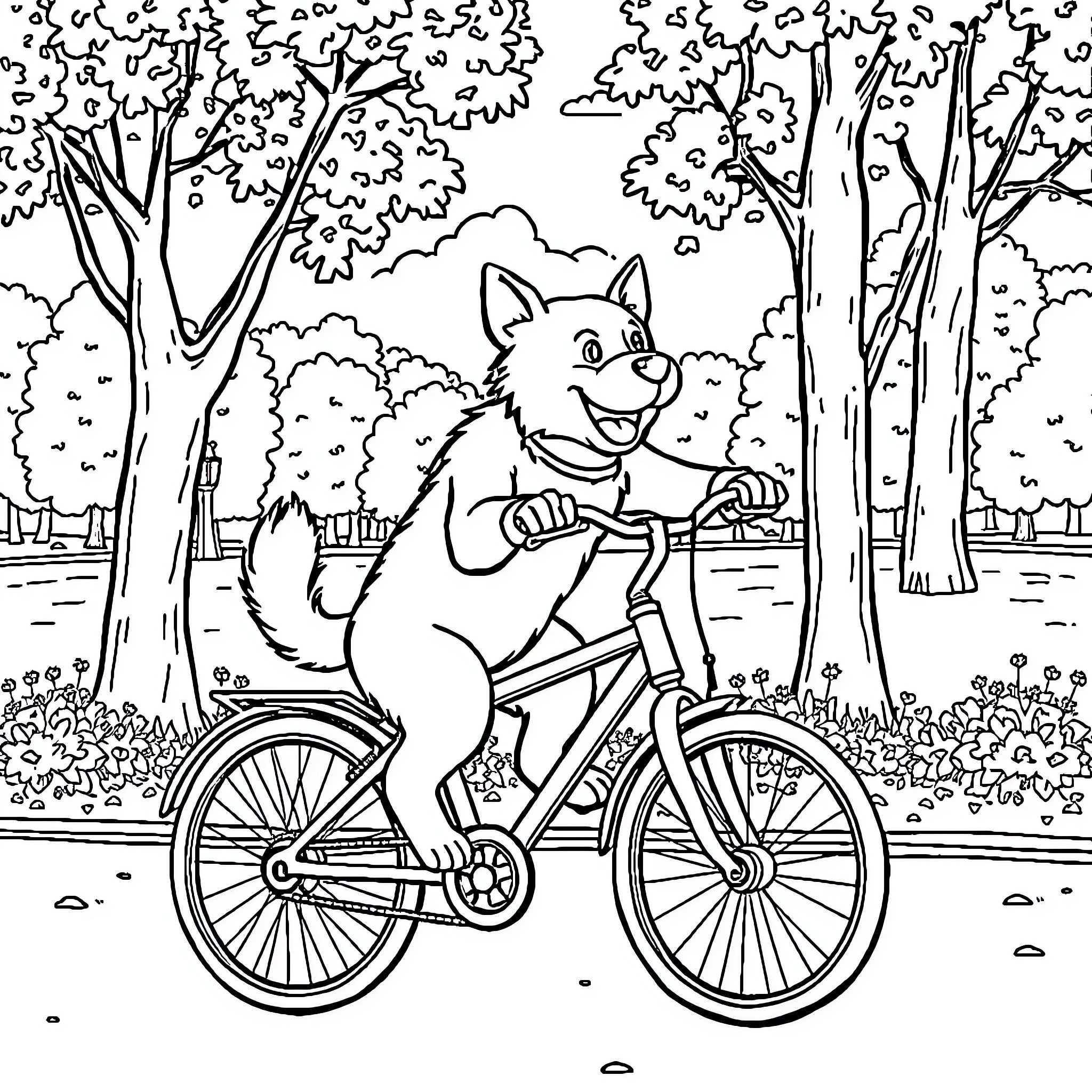 Dog riding bicycle in park Coloring Page (free black-and-white line drawing printable PDF for all, from beginners to advanced learners, including children, teens, adults, and seniors)
