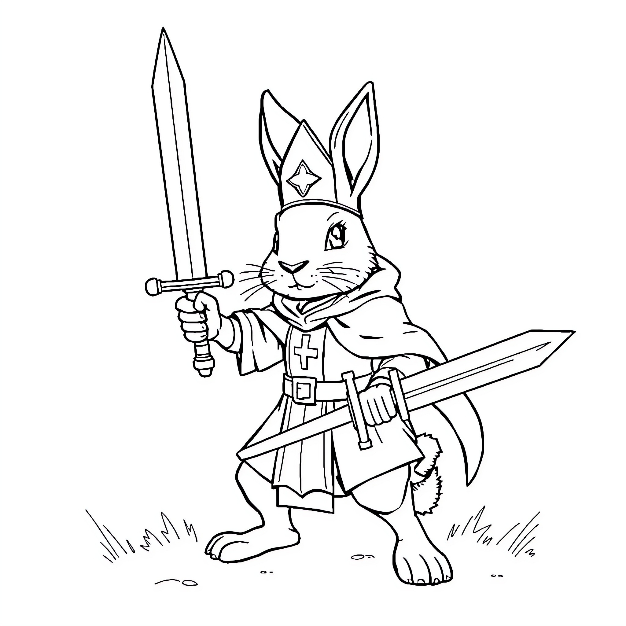 Rabbit warrior wielding swords on the battlefield Coloring Page (free black-and-white line drawing printable PDF for all, from beginners to advanced learners, including children, teens, adults, and seniors)