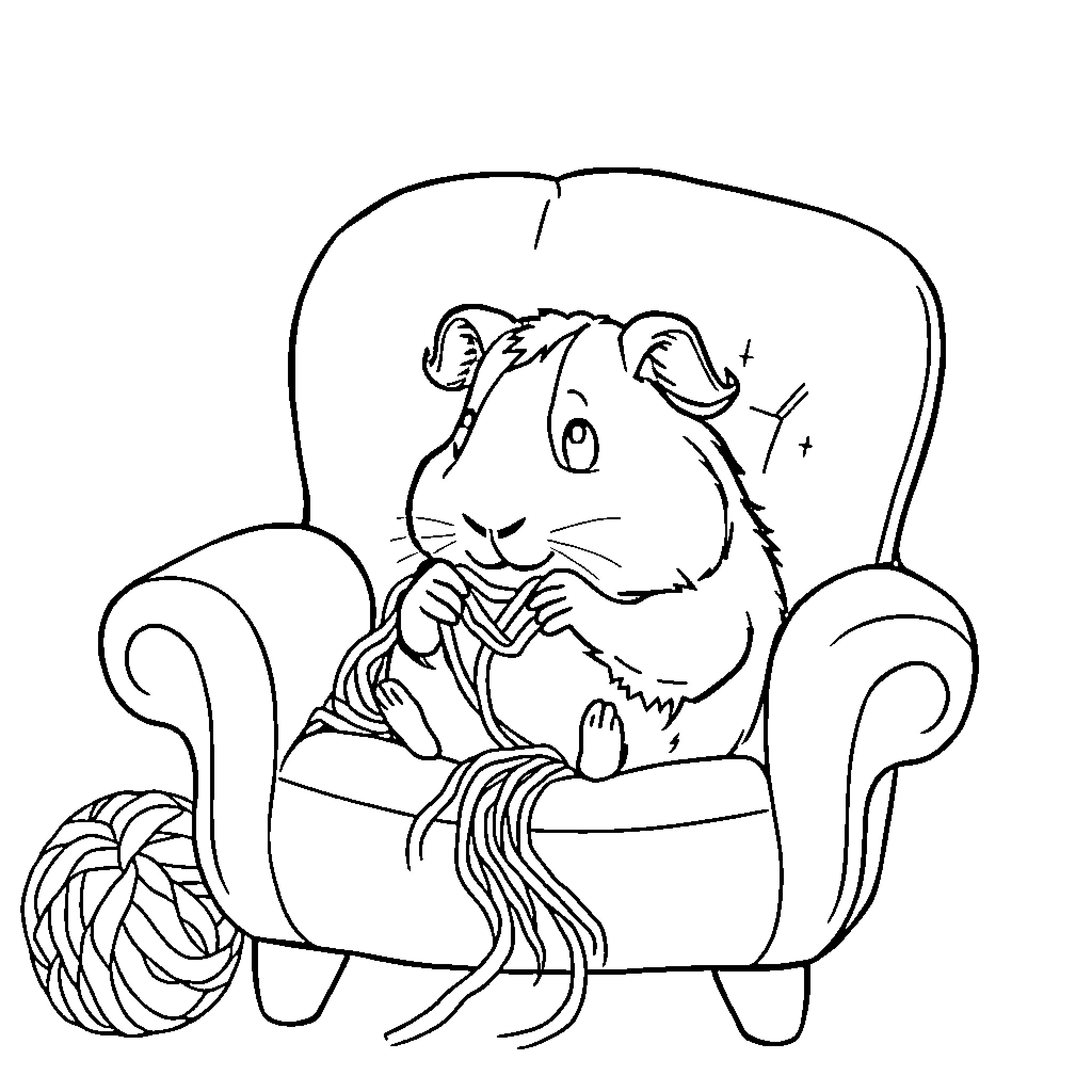 Guinea Pig Relaxing in Cozy Armchair Coloring Page (free black-and-white line drawing printable PDF for all, from beginners to advanced learners, including children, teens, adults, and seniors)