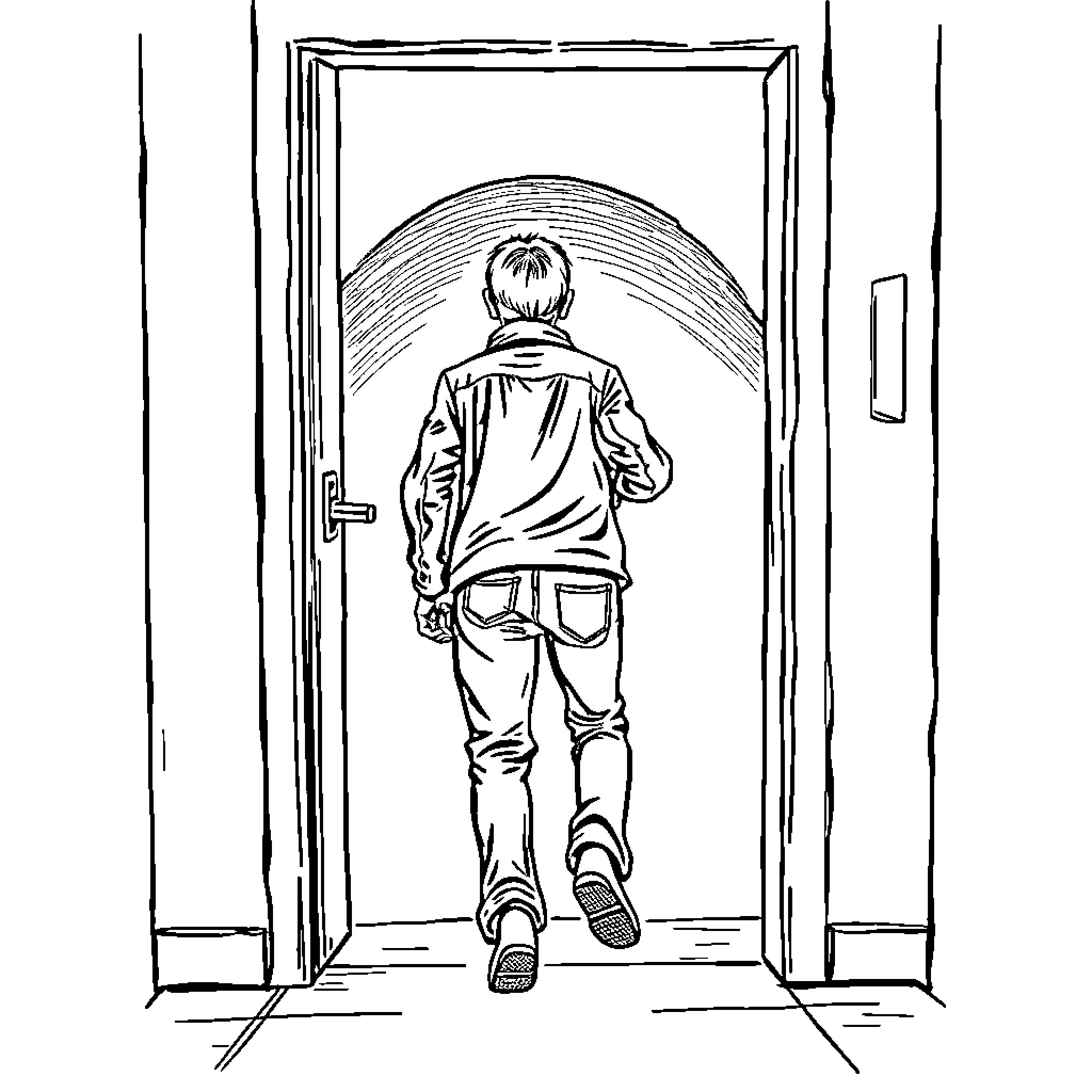 Person walking through doorway with determination Coloring Page (free black-and-white line drawing printable PDF for all, from beginners to advanced learners, including children, teens, adults, and seniors)