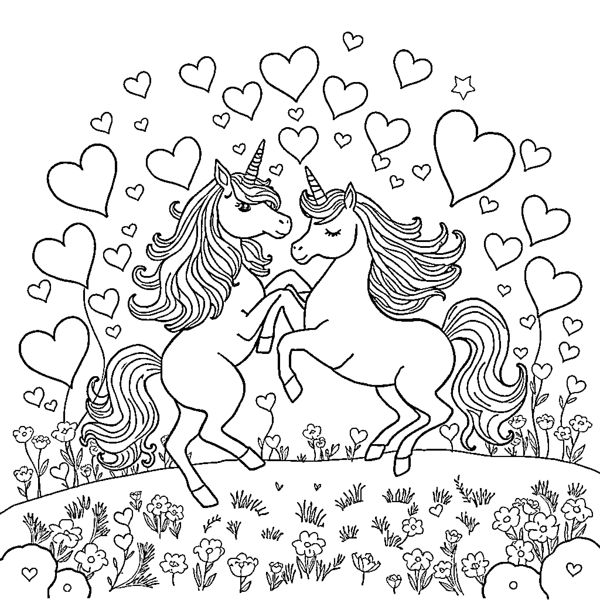 Heart-shaped Unicorns Dancing Amidst Floral Landscape Coloring Page (free black-and-white line drawing printable PDF for all, from beginners to advanced learners, including children, teens, adults, and seniors)