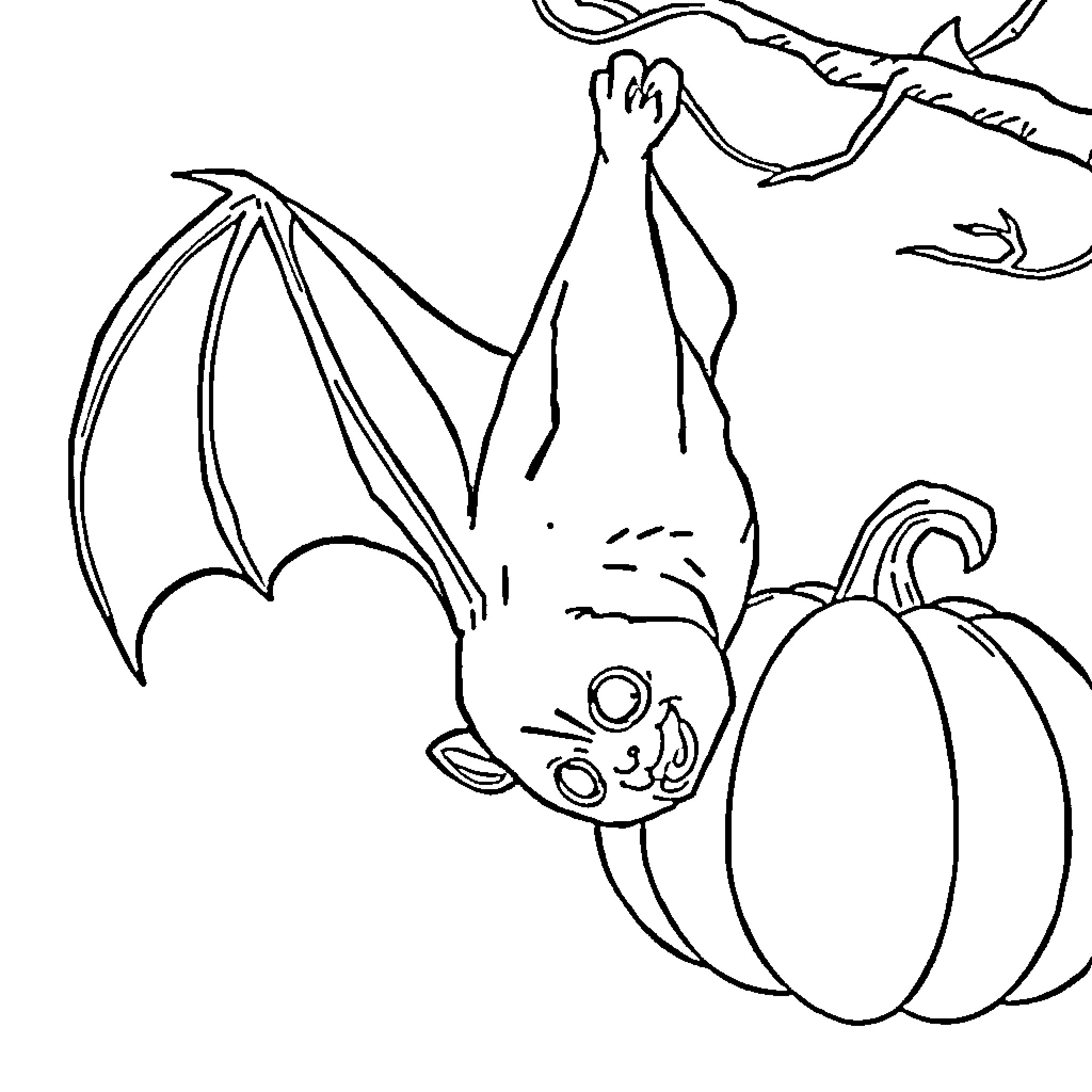 Bat hanging upside down with pumpkin Coloring Page (free black-and-white line drawing printable PDF for all, from beginners to advanced learners, including children, teens, adults, and seniors)