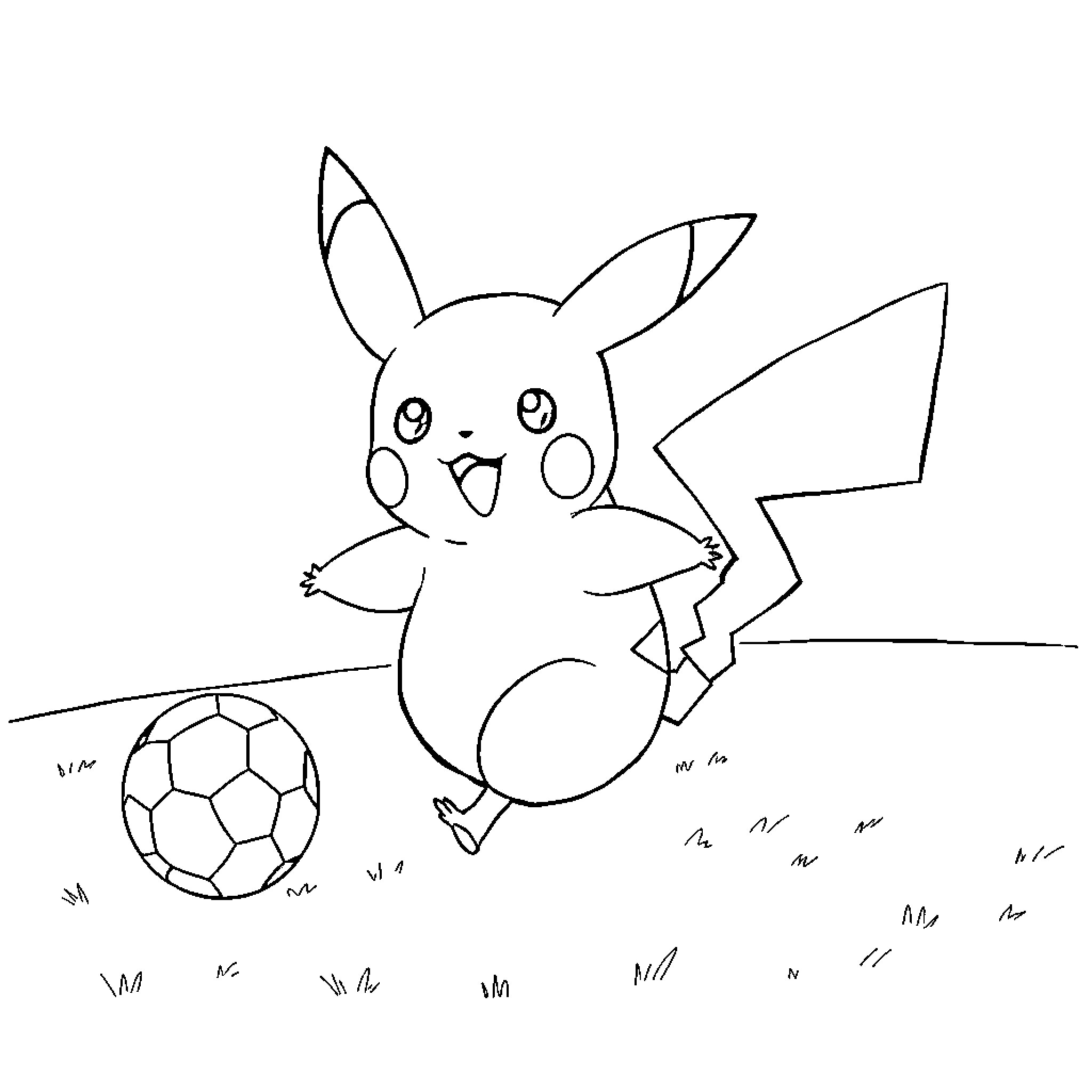 Pikachu playing with a soccer ball Coloring Page (free black-and-white line drawing printable PDF for all, from beginners to advanced learners, including children, teens, adults, and seniors)