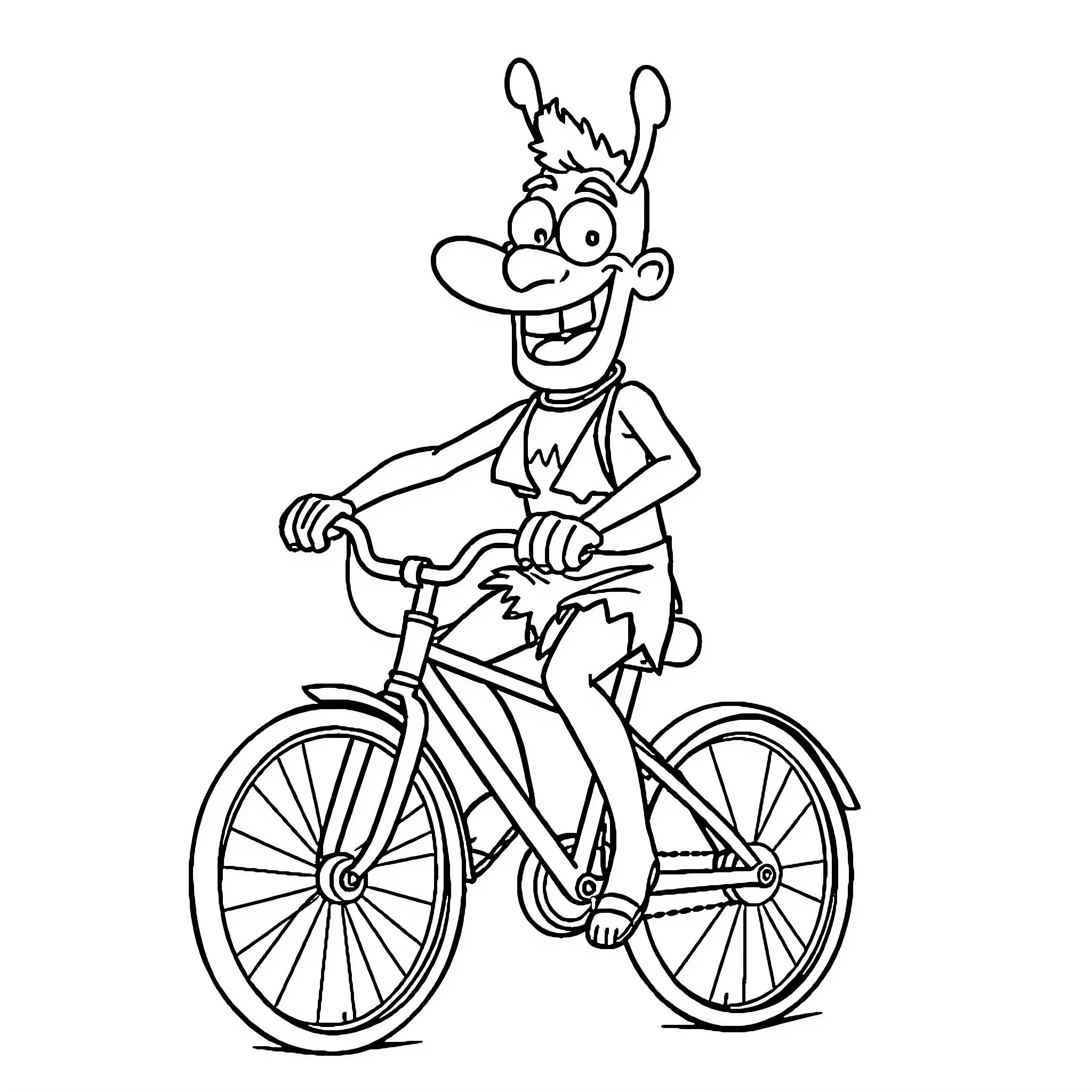 Borat riding a bicycle with zany expression Coloring Page (free black-and-white line drawing printable PDF for all, from beginners to advanced learners, including children, teens, adults, and seniors)