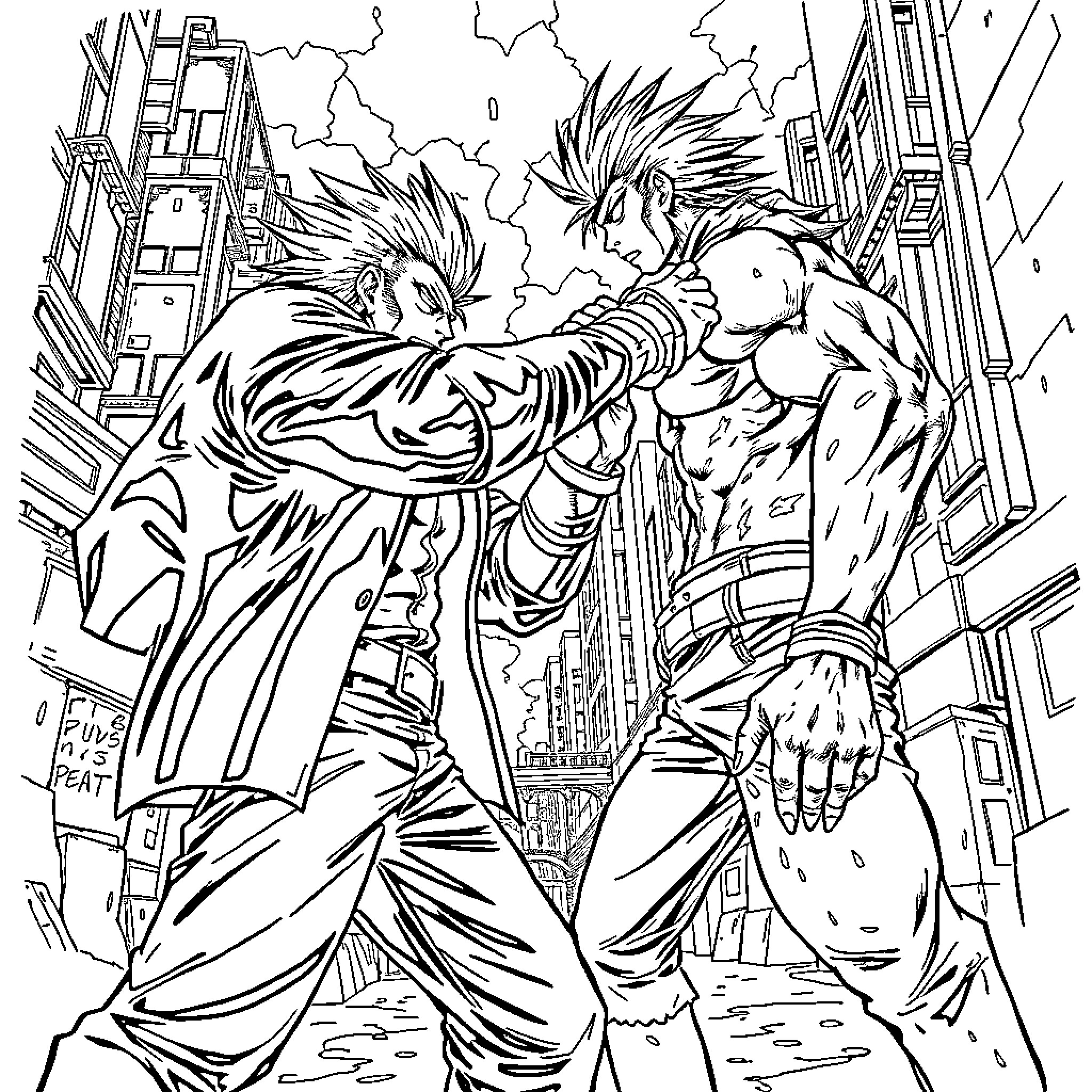 Enjin: Two Anime-Inspired Characters Battling in Urban Landscape Coloring Page (free black-and-white line drawing printable PDF for all, from beginners to advanced learners, including children, teens, adults, and seniors)