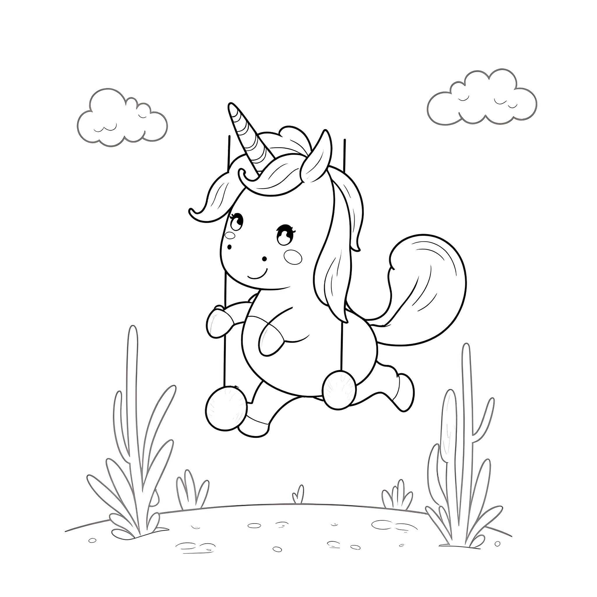 Unicorn playing happily in a field Coloring Page (free black-and-white line drawing printable PDF for all, from beginners to advanced learners, including children, teens, adults, and seniors)