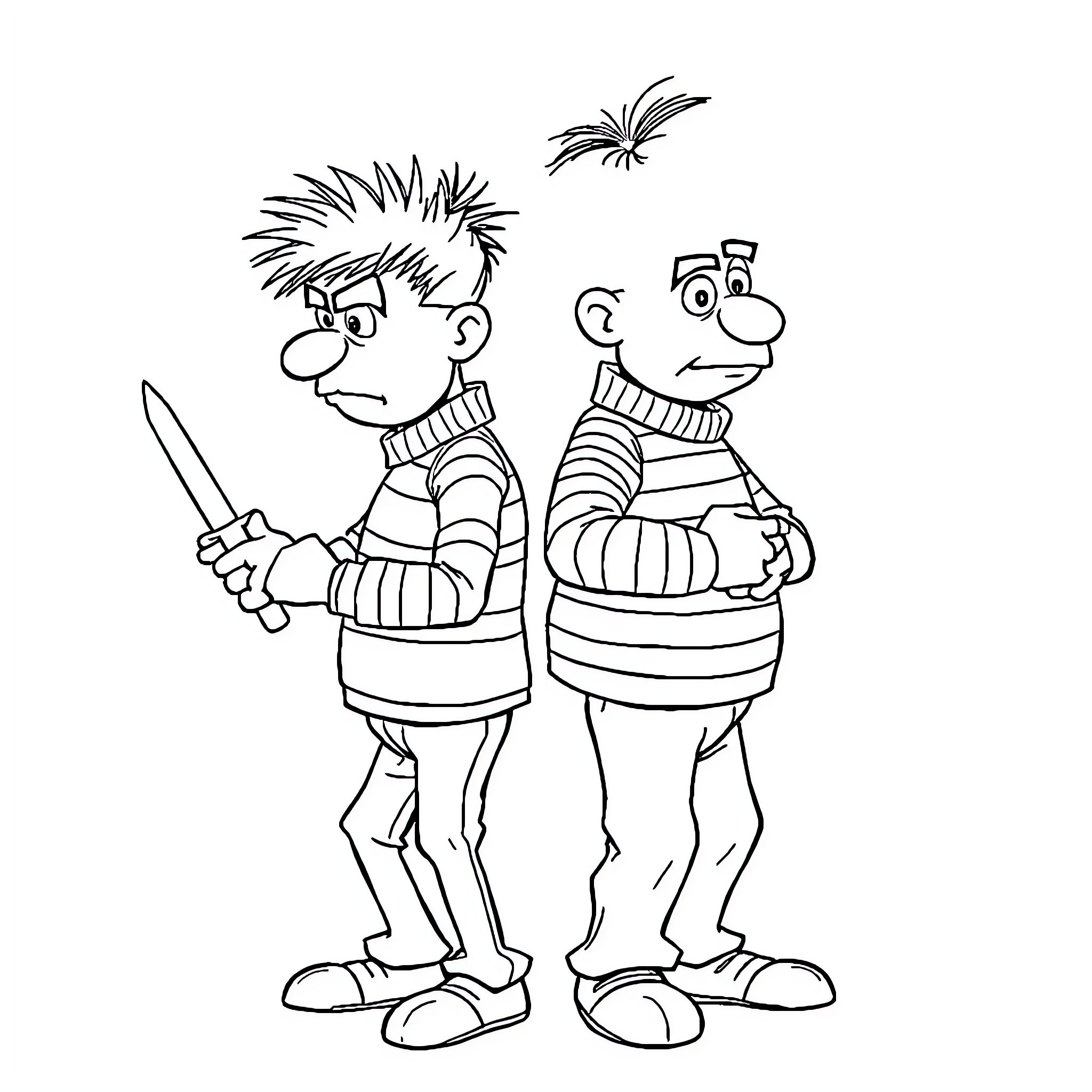 Bert and friend engaged in spirited activity Coloring Page (free black-and-white line drawing printable PDF for all, from beginners to advanced learners, including children, teens, adults, and seniors)