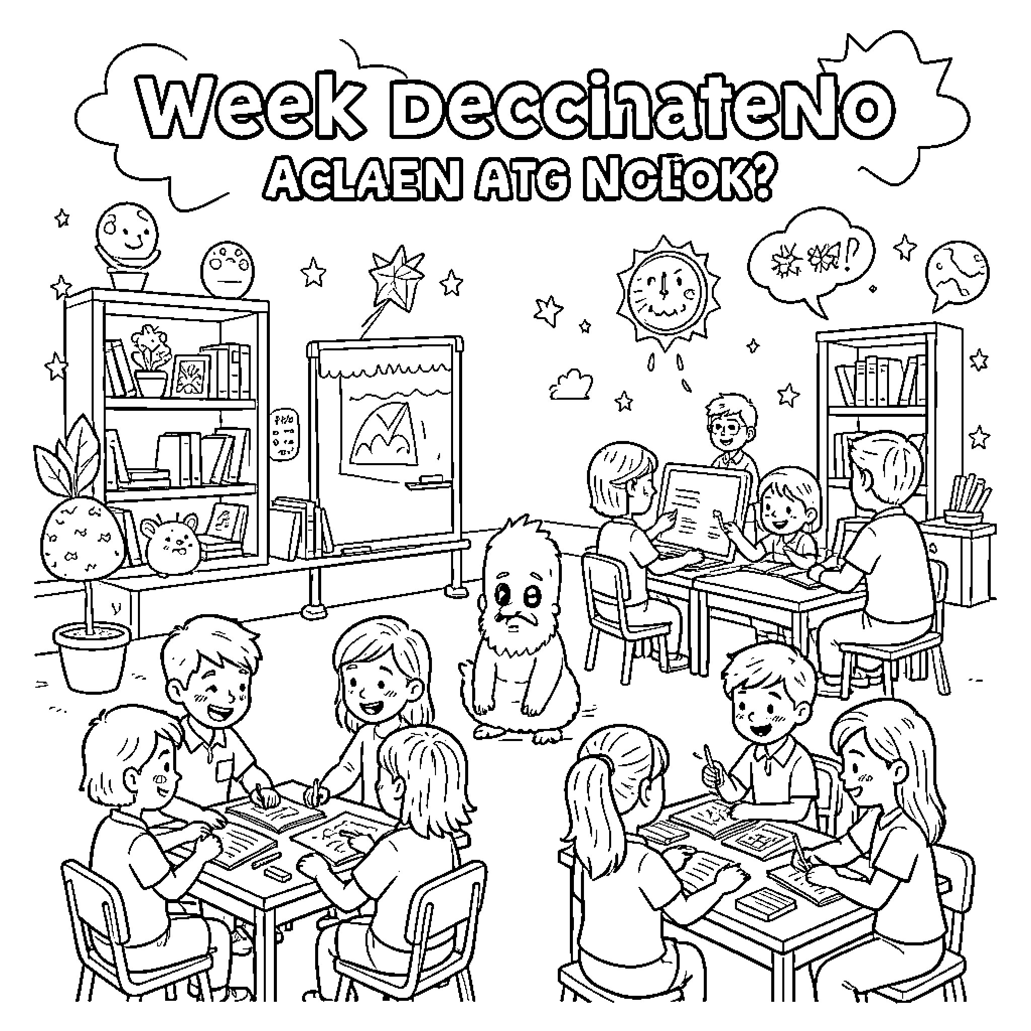 Education scene of children learning in a classroom Coloring Page (free black-and-white line drawing printable PDF for all, from beginners to advanced learners, including children, teens, adults, and seniors)