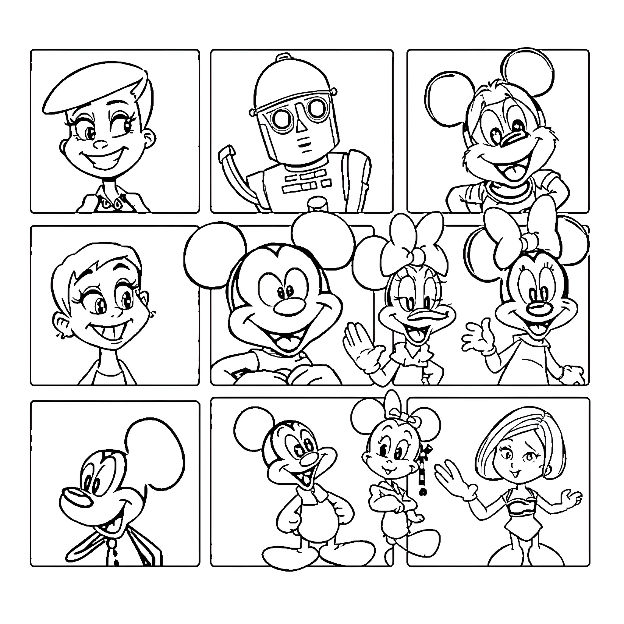Character Expressions and Actions in Cartoon Panels Coloring Page (free black-and-white line drawing printable PDF for all, from beginners to advanced learners, including children, teens, adults, and seniors)