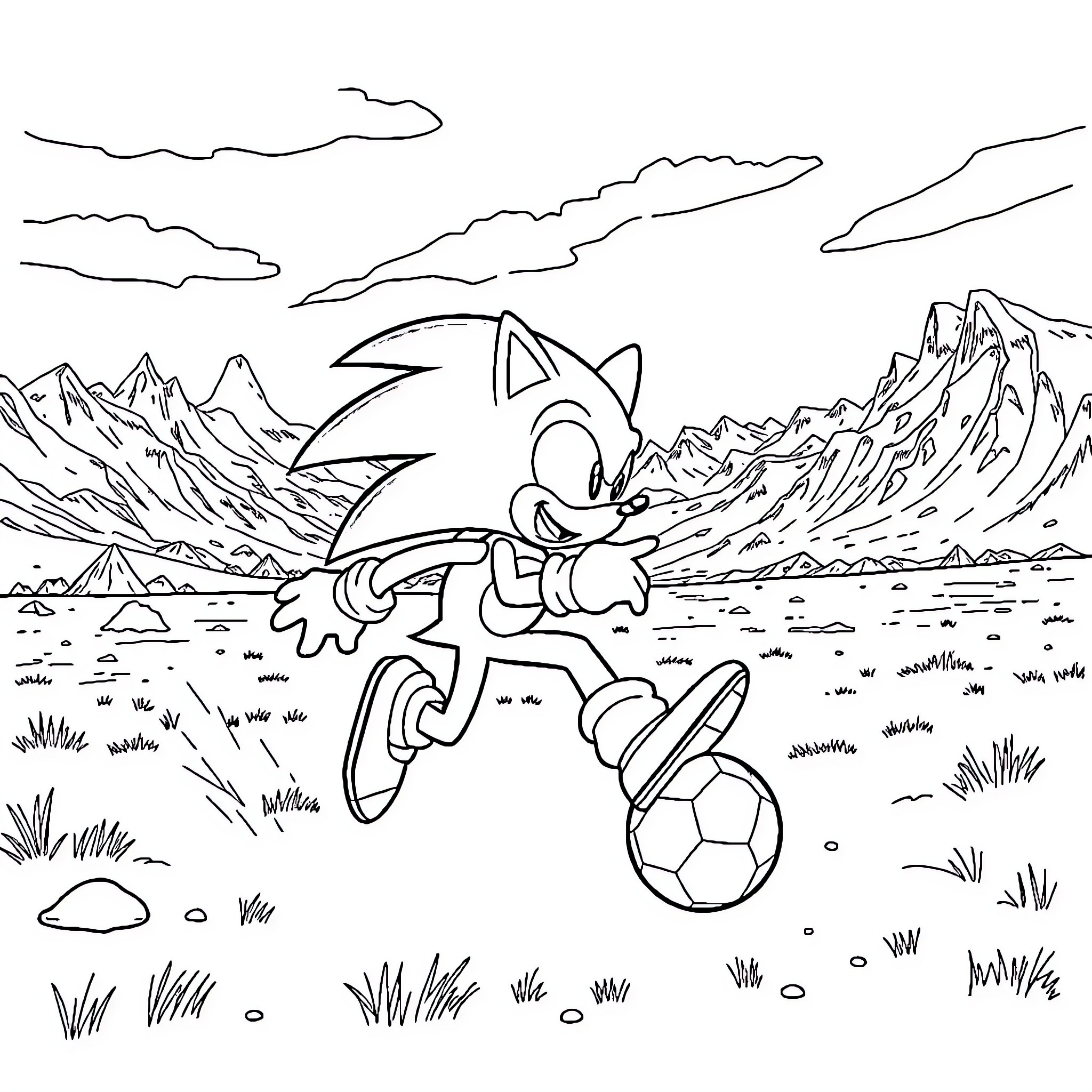 Sonic speeding through the mountainous landscape Coloring Page (free black-and-white line drawing printable PDF for all, from beginners to advanced learners, including children, teens, adults, and seniors)