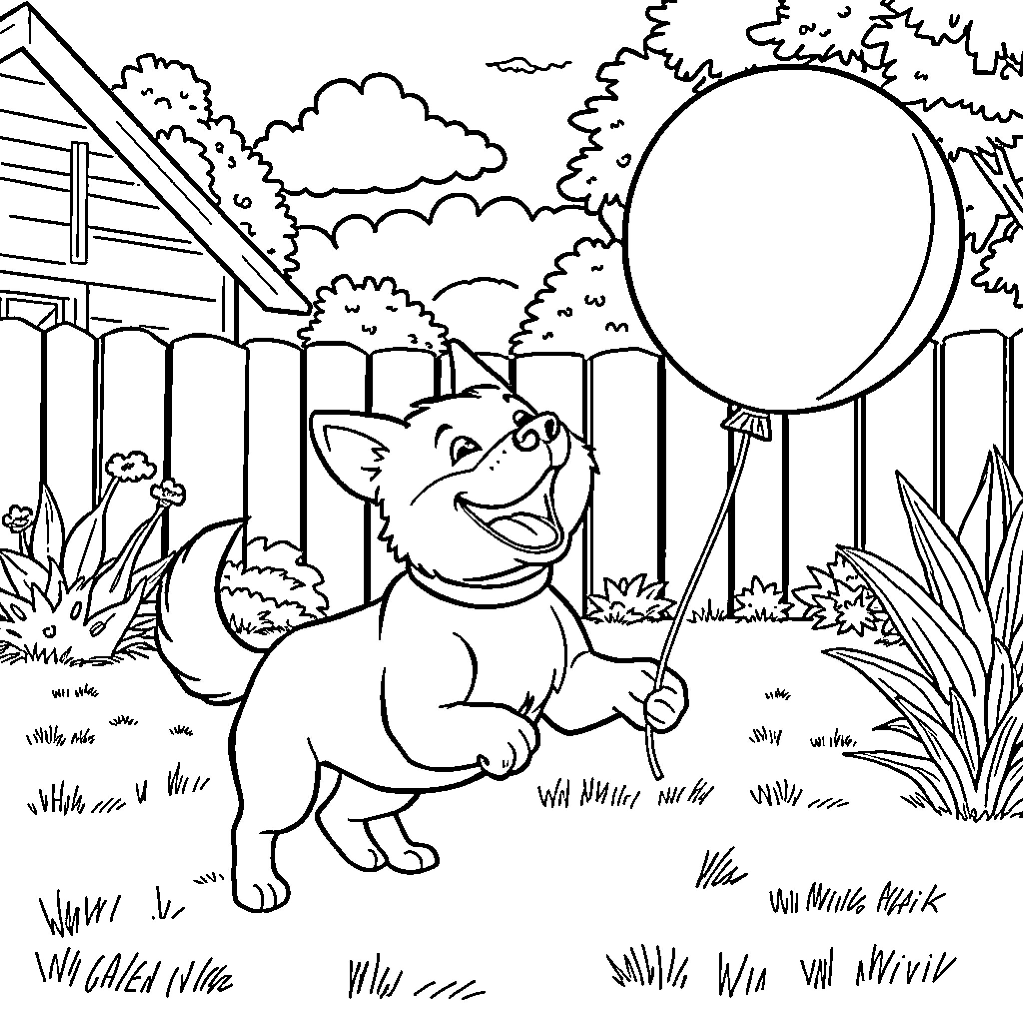 Dog playing with a balloon in the backyard Coloring Page (free black-and-white line drawing printable PDF for all, from beginners to advanced learners, including children, teens, adults, and seniors)