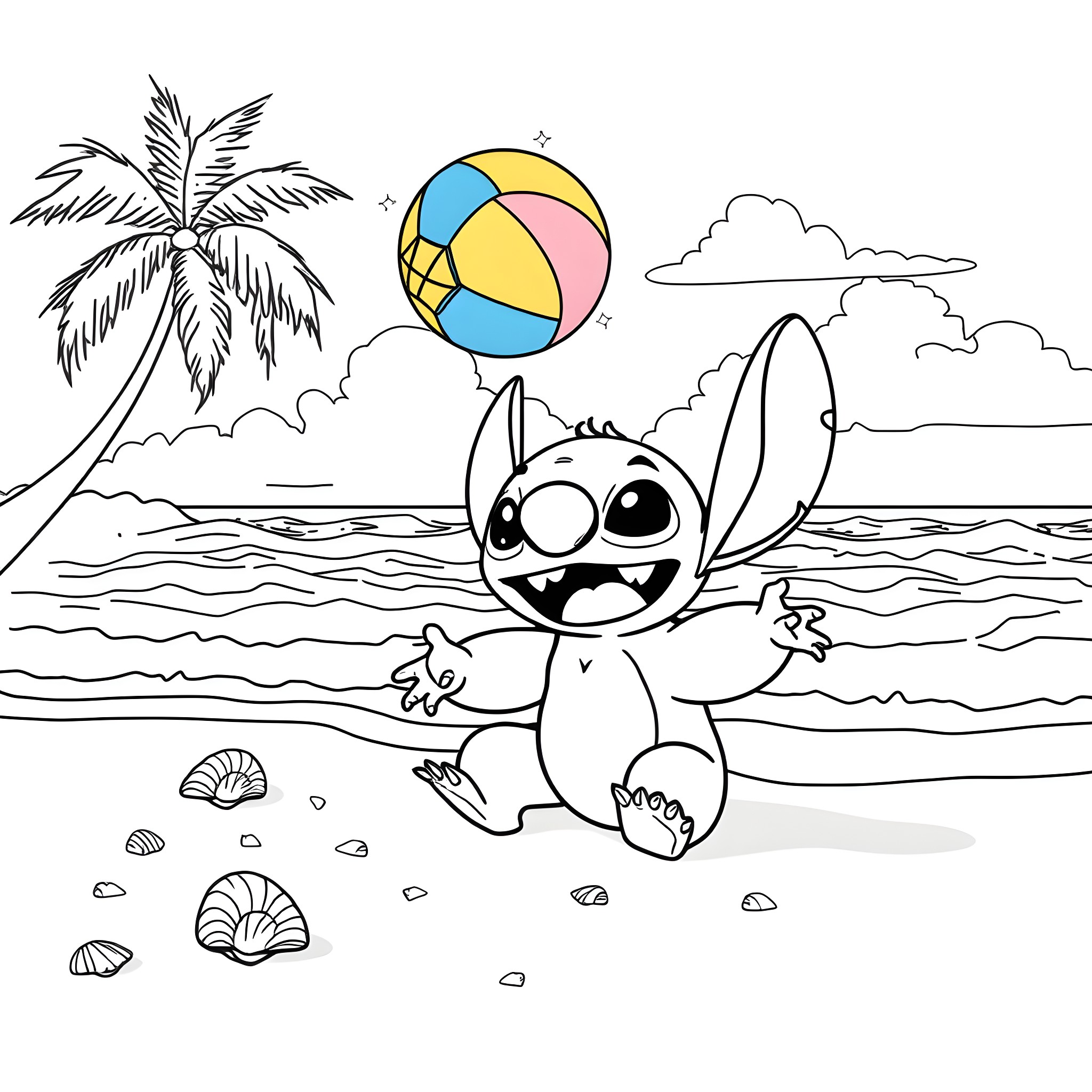 Stitch relaxes on the beach with beach ball Coloring Page (free black-and-white line drawing printable PDF for all, from beginners to advanced learners, including children, teens, adults, and seniors)