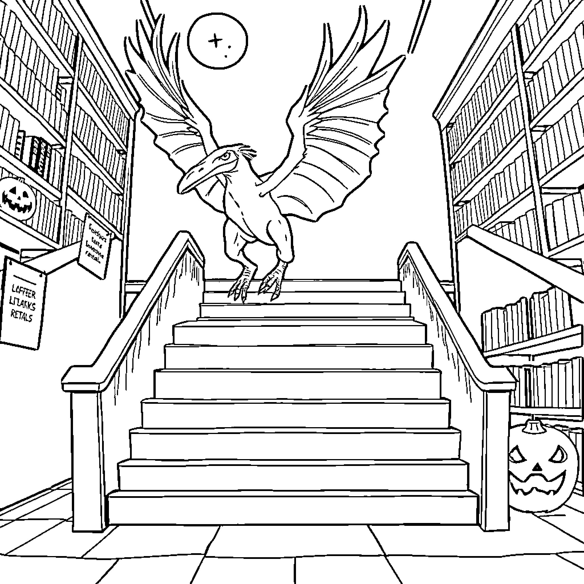 Pterodactyl soaring through a spooky library Coloring Page (free black-and-white line drawing printable PDF for all, from beginners to advanced learners, including children, teens, adults, and seniors)