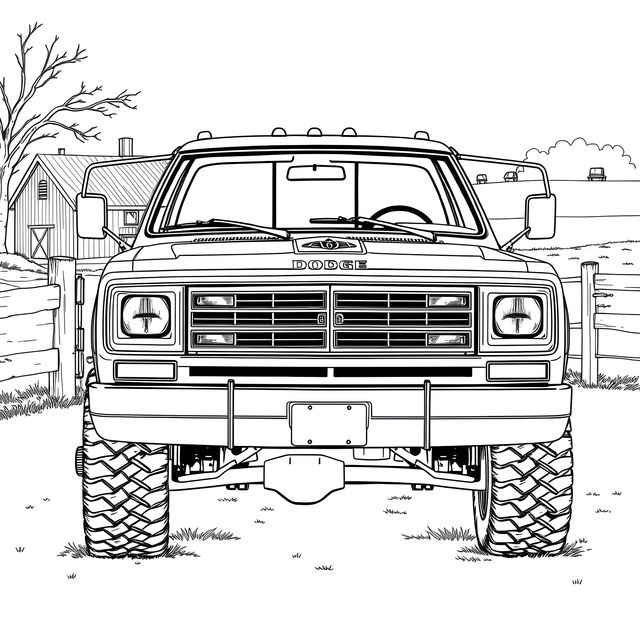 Dodge truck navigating the rugged countryside Coloring Page (free black-and-white line drawing printable PDF for all, from beginners to advanced learners, including children, teens, adults, and seniors)