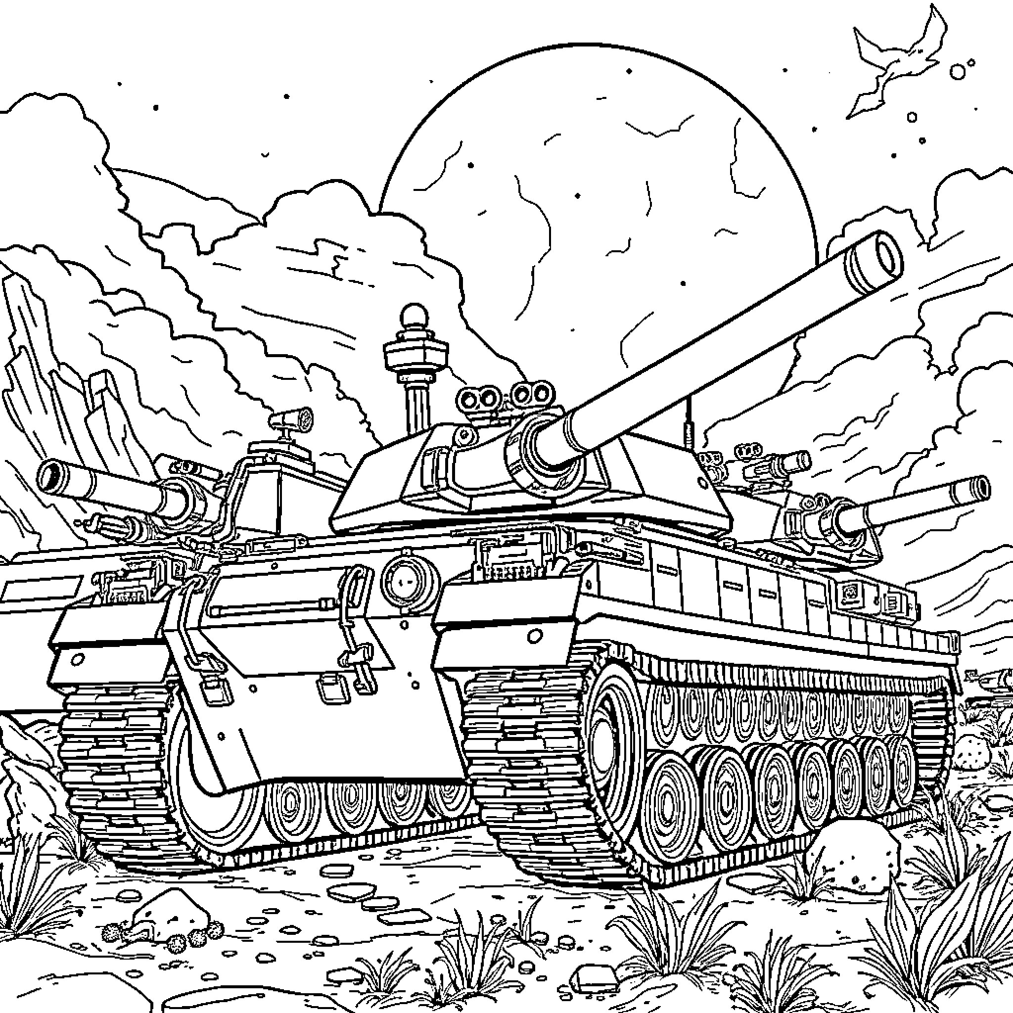 Rox's Futuristic Armored Tank Adventure Coloring Page (free black-and-white line drawing printable PDF for all, from beginners to advanced learners, including children, teens, adults, and seniors)