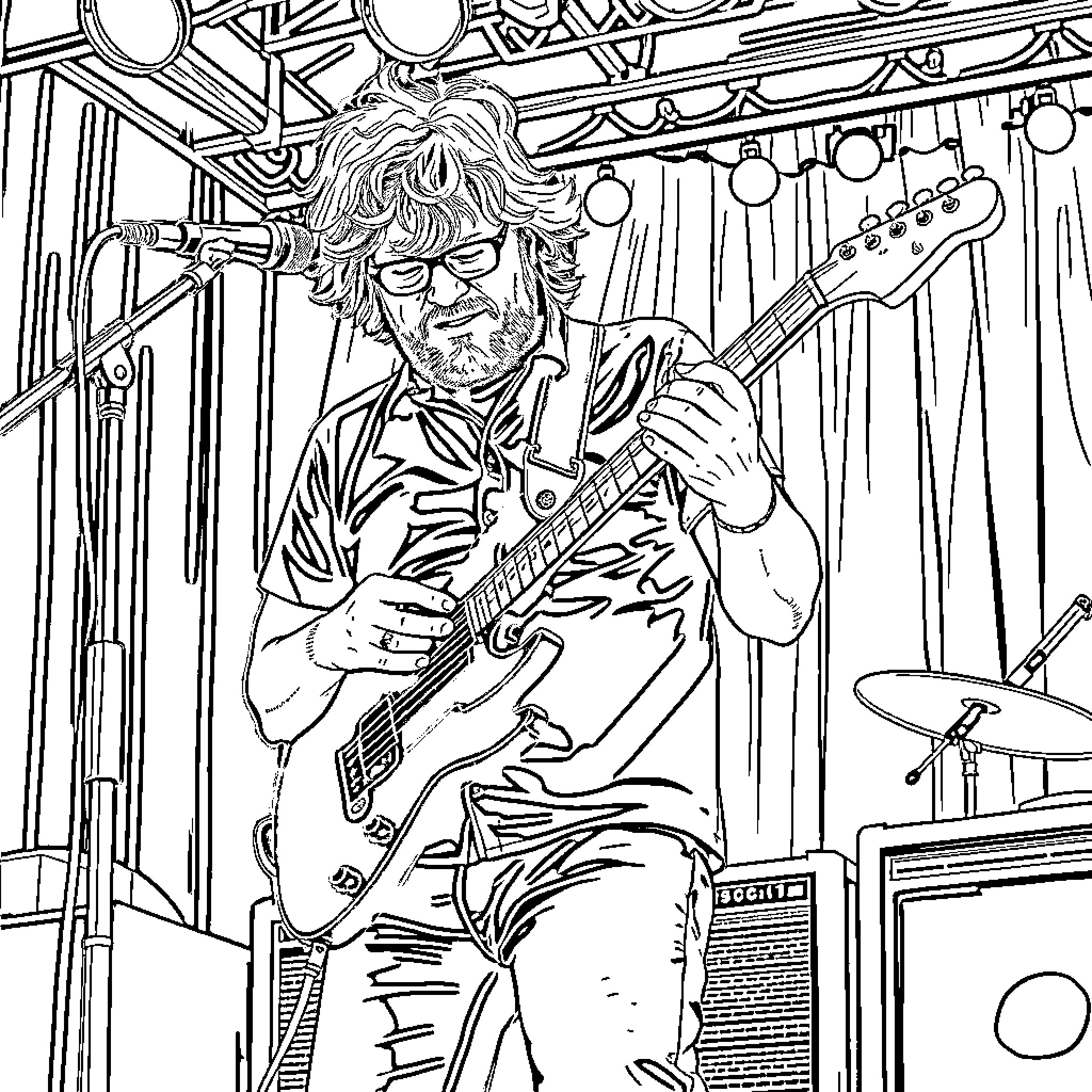 Trey Anastasio playing guitar on stage Coloring Page (free black-and-white line drawing printable PDF for all, from beginners to advanced learners, including children, teens, adults, and seniors)