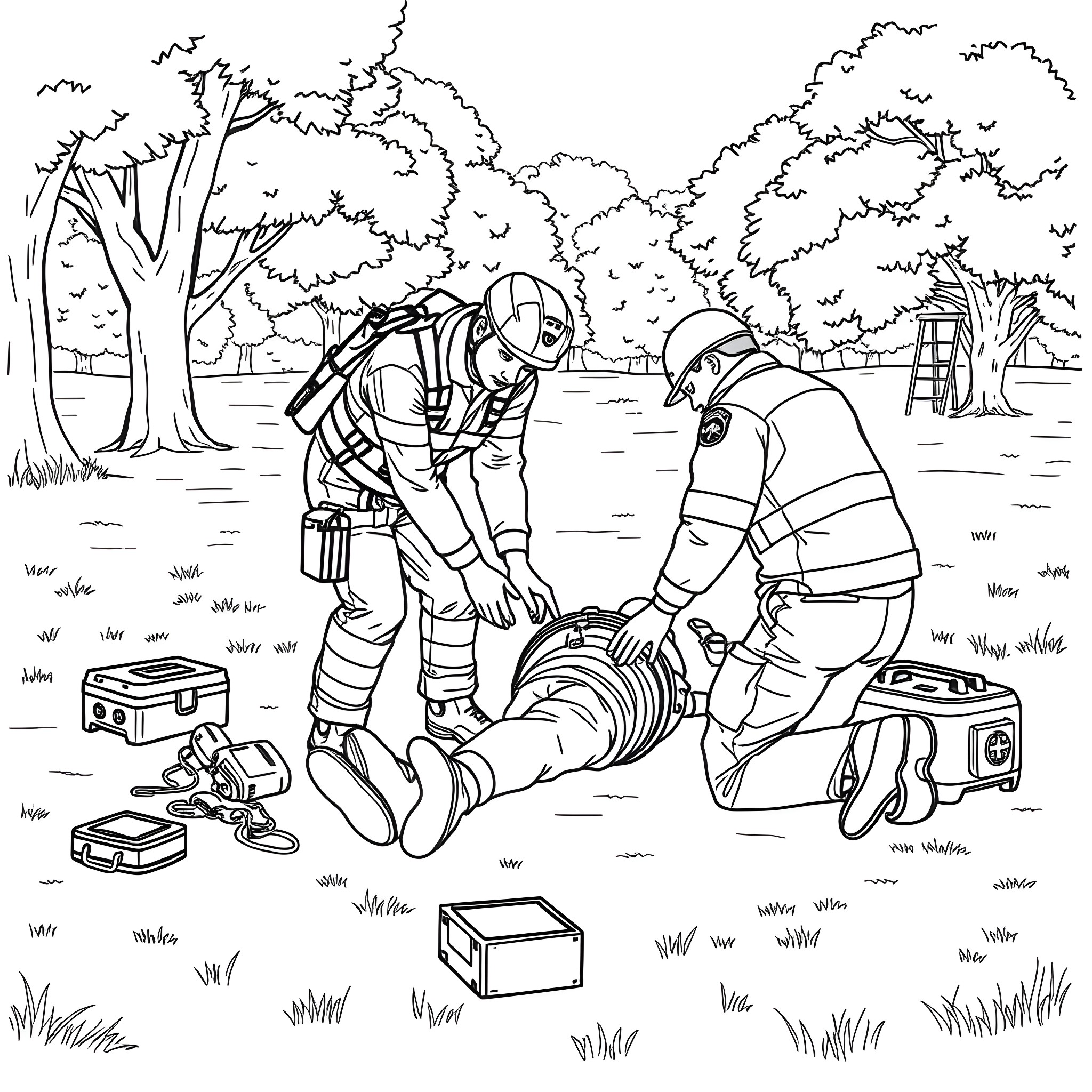 Paramedics Providing Emergency Medical Care in Outdoor Scene Coloring Page (free black-and-white line drawing printable PDF for all, from beginners to advanced learners, including children, teens, adults, and seniors)