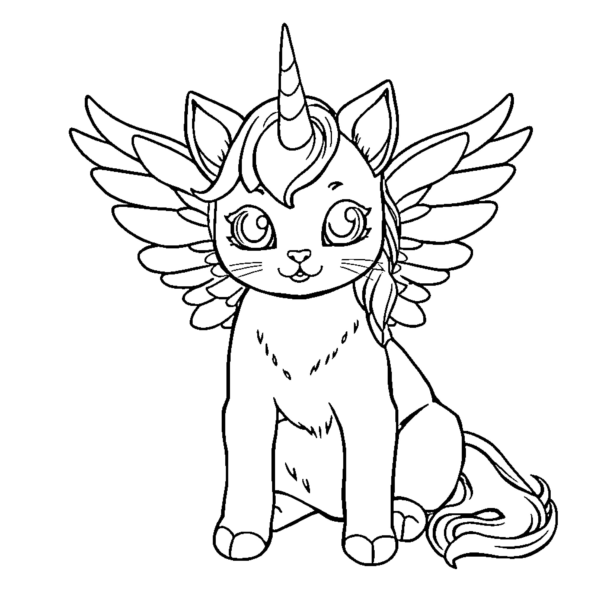 Unicorn Cat with Angelic Wings Coloring Page (free black-and-white line drawing printable PDF for all, from beginners to advanced learners, including children, teens, adults, and seniors)