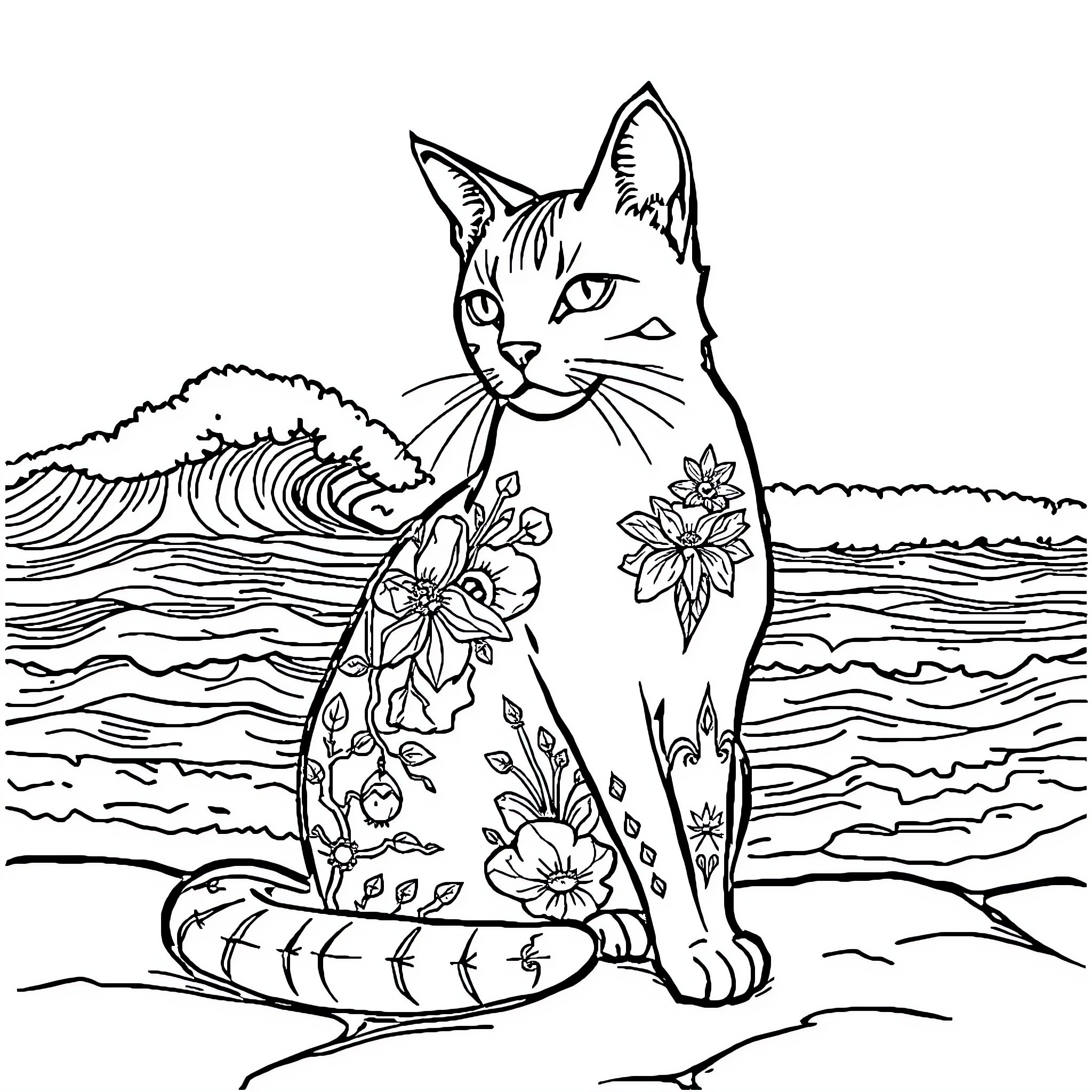 Cat with floral pattern by the ocean Coloring Page (free black-and-white line drawing printable PDF for all, from beginners to advanced learners, including children, teens, adults, and seniors)