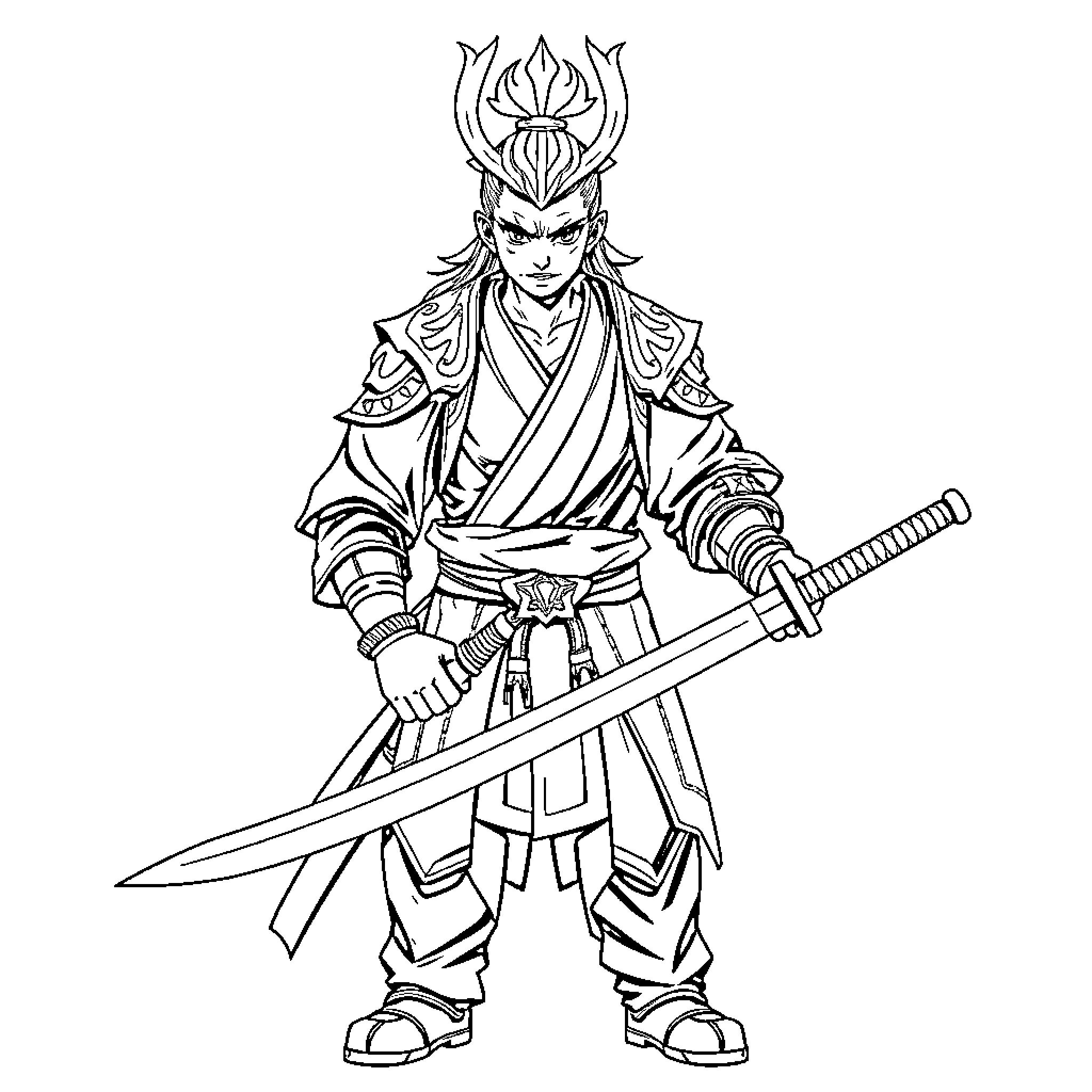 Giyu, the Warrior with Ornate Attire and Sword Coloring Page (free black-and-white line drawing printable PDF for all, from beginners to advanced learners, including children, teens, adults, and seniors)