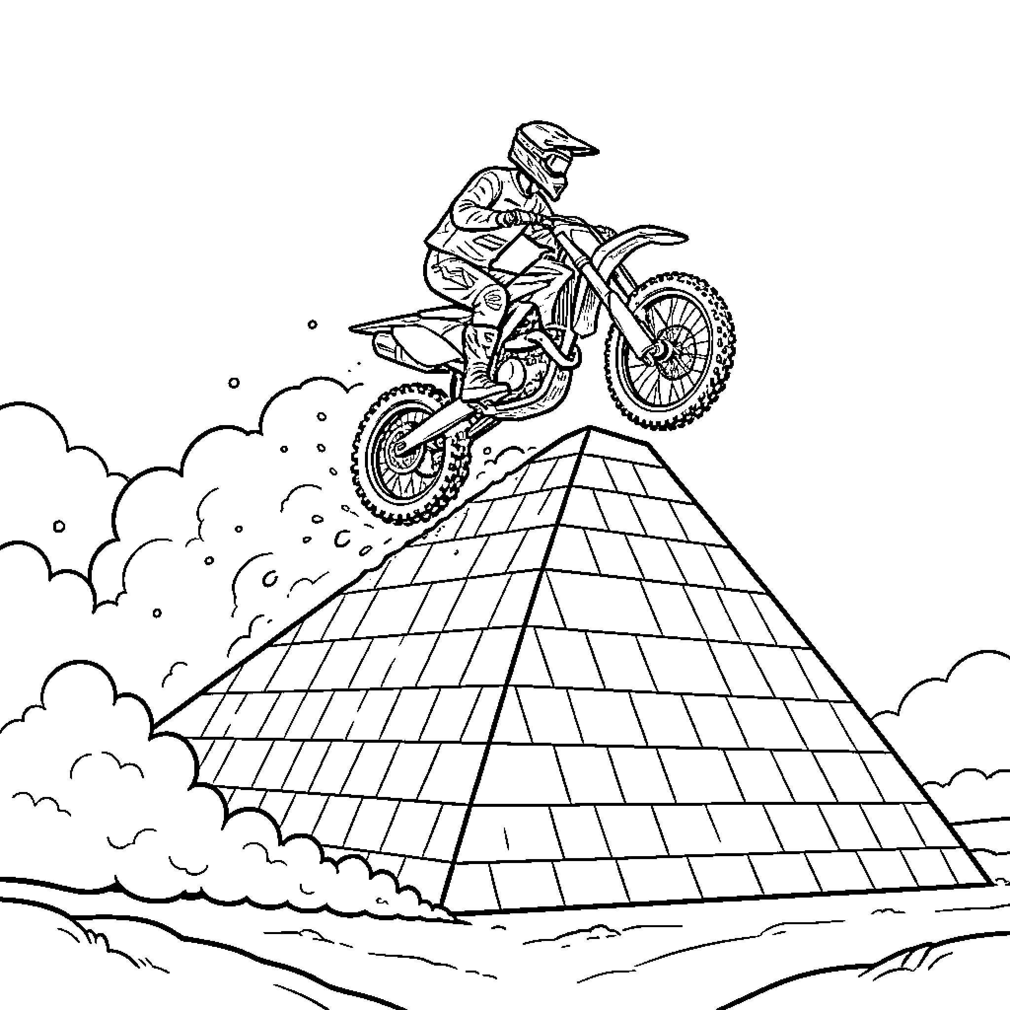 Motocross rider performing a jump over a pyramid Coloring Page (free black-and-white line drawing printable PDF for all, from beginners to advanced learners, including children, teens, adults, and seniors)