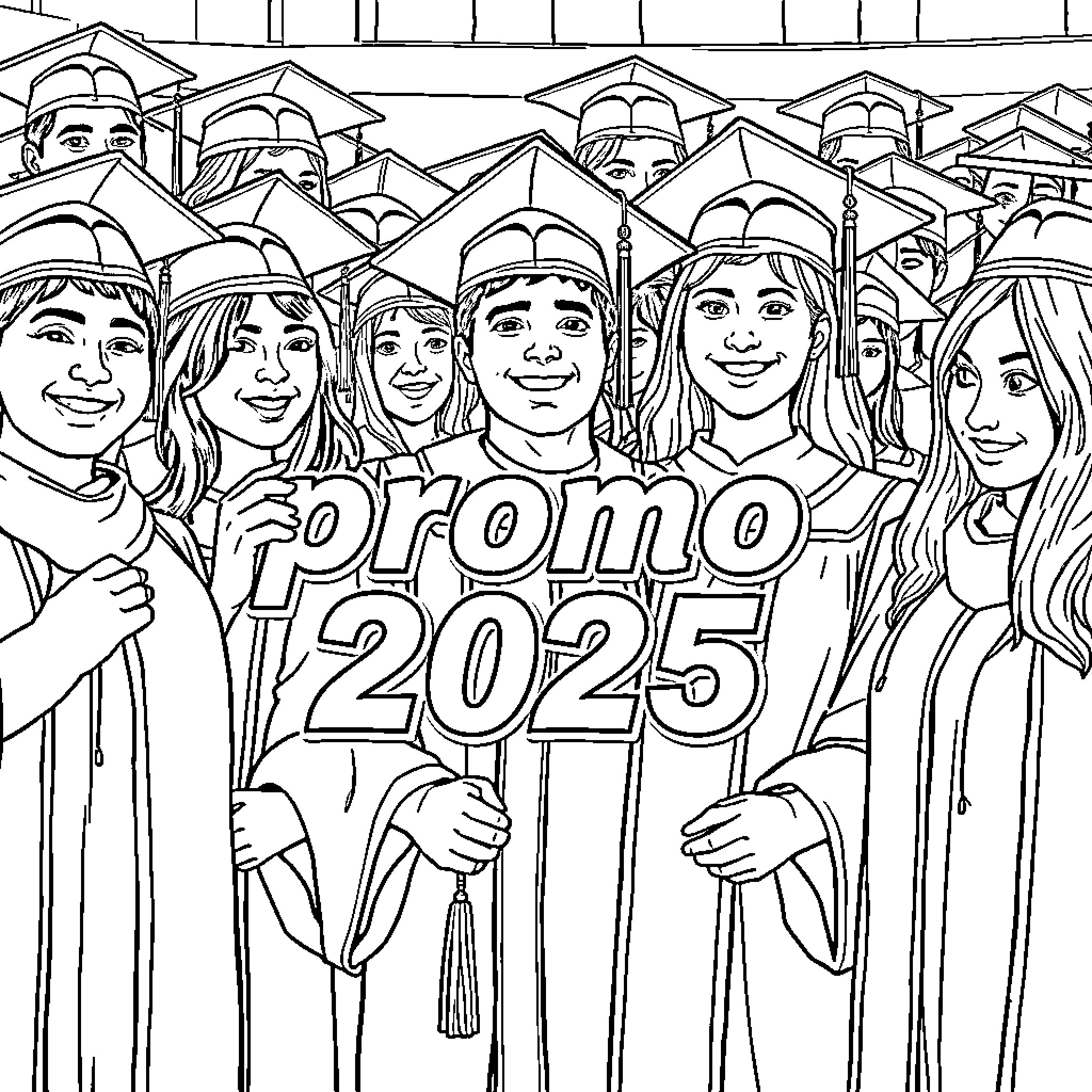 Estudiantes celebrando la graduación Coloring Page (free black-and-white line drawing printable PDF for all, from beginners to advanced learners, including children, teens, adults, and seniors)