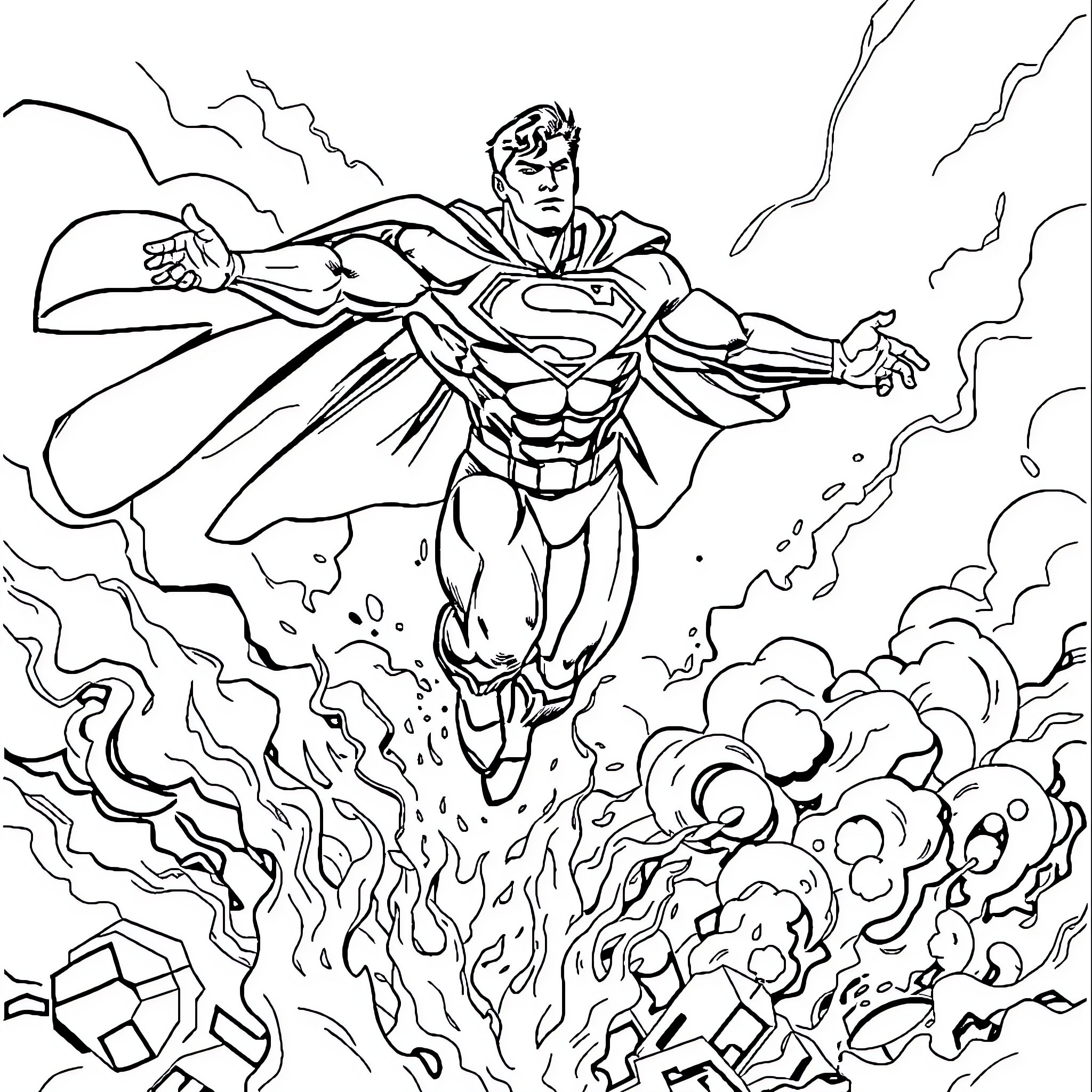 Superman in Action Amidst Chaos Coloring Page (free black-and-white line drawing printable PDF for all, from beginners to advanced learners, including children, teens, adults, and seniors)