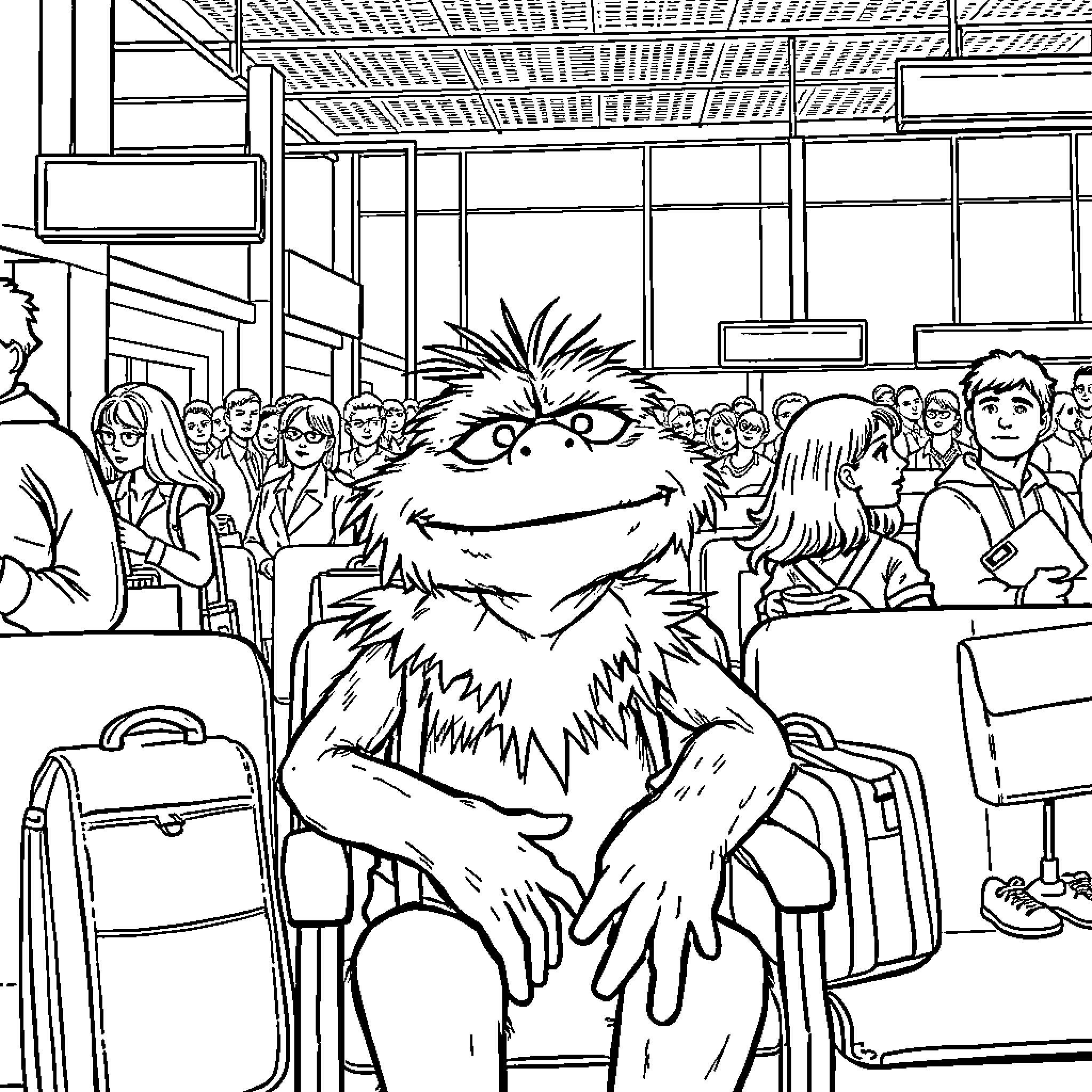 Oscar's Unexpected Airport Adventure Coloring Page (free black-and-white line drawing printable PDF for all, from beginners to advanced learners, including children, teens, adults, and seniors)