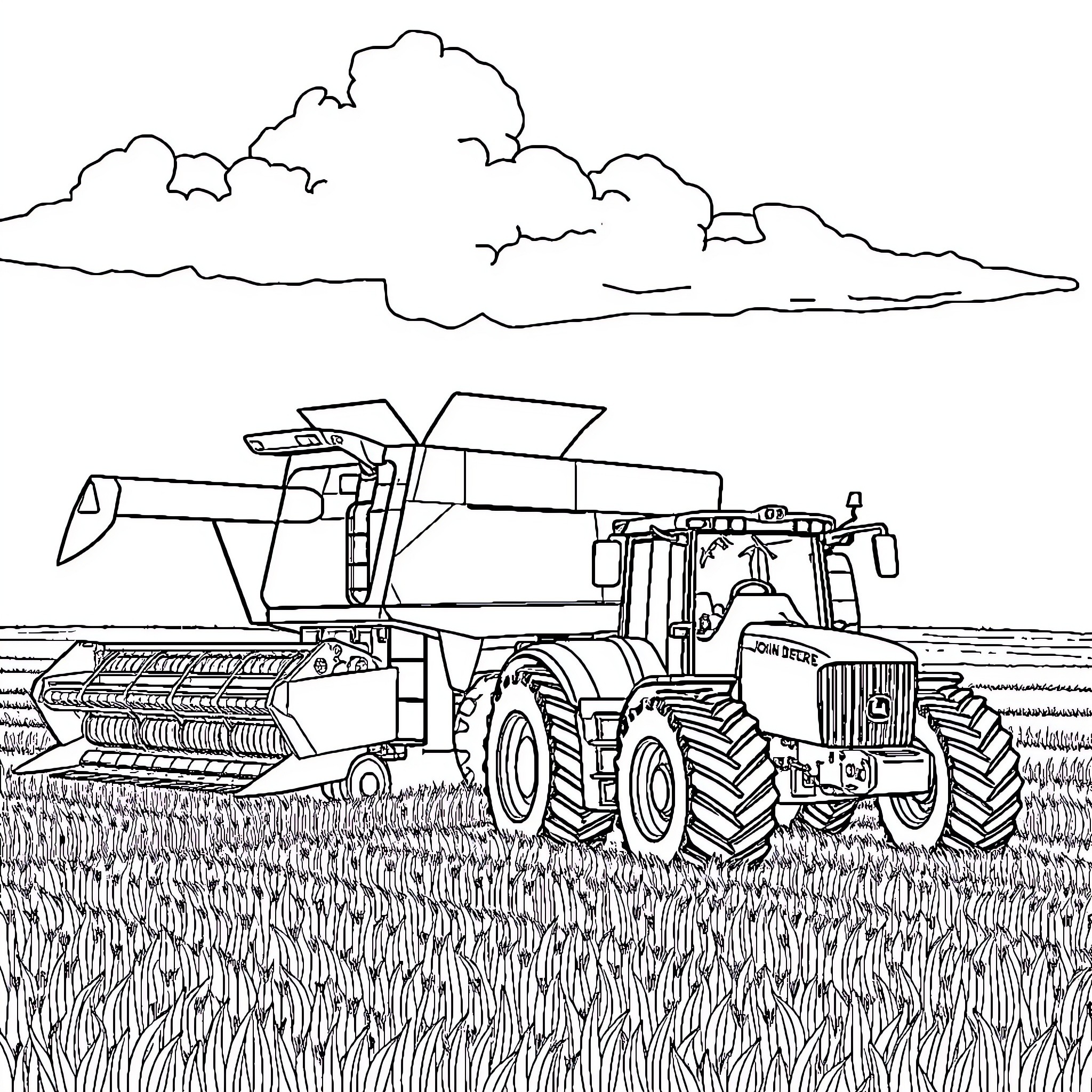 Tractor harvesting crop in the field Coloring Page (free black-and-white line drawing printable PDF for all, from beginners to advanced learners, including children, teens, adults, and seniors)