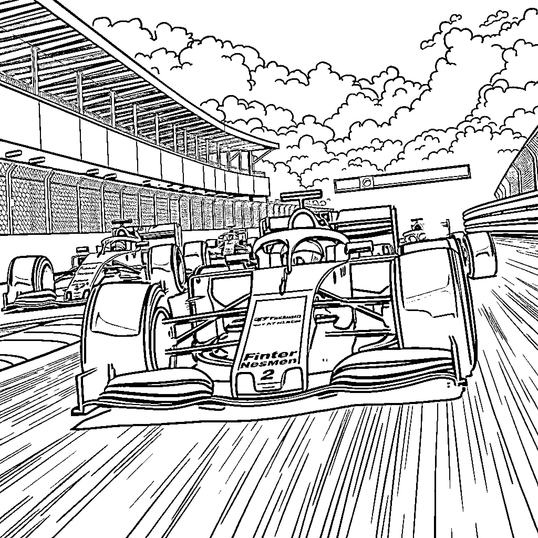 Formula 1 Racing Cars Speeding on Track Coloring Page (free black-and-white line drawing printable PDF for all, from beginners to advanced learners, including children, teens, adults, and seniors)