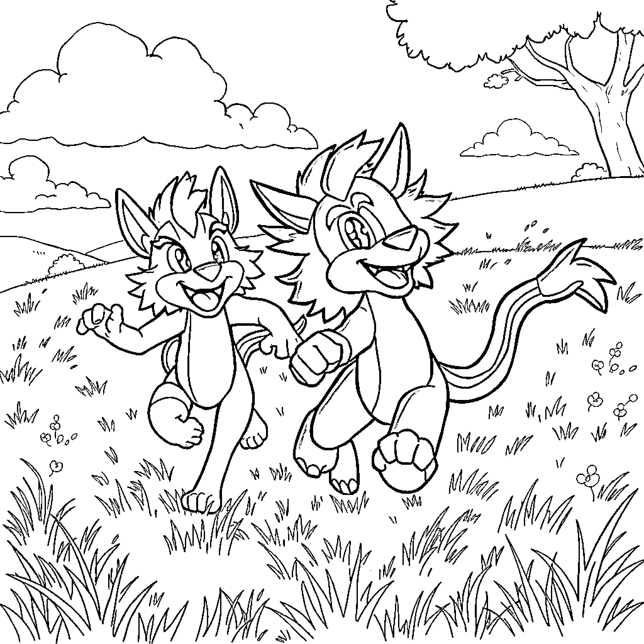 Koraidon playing happily in a scenic landscape Coloring Page (free black-and-white line drawing printable PDF for all, from beginners to advanced learners, including children, teens, adults, and seniors)