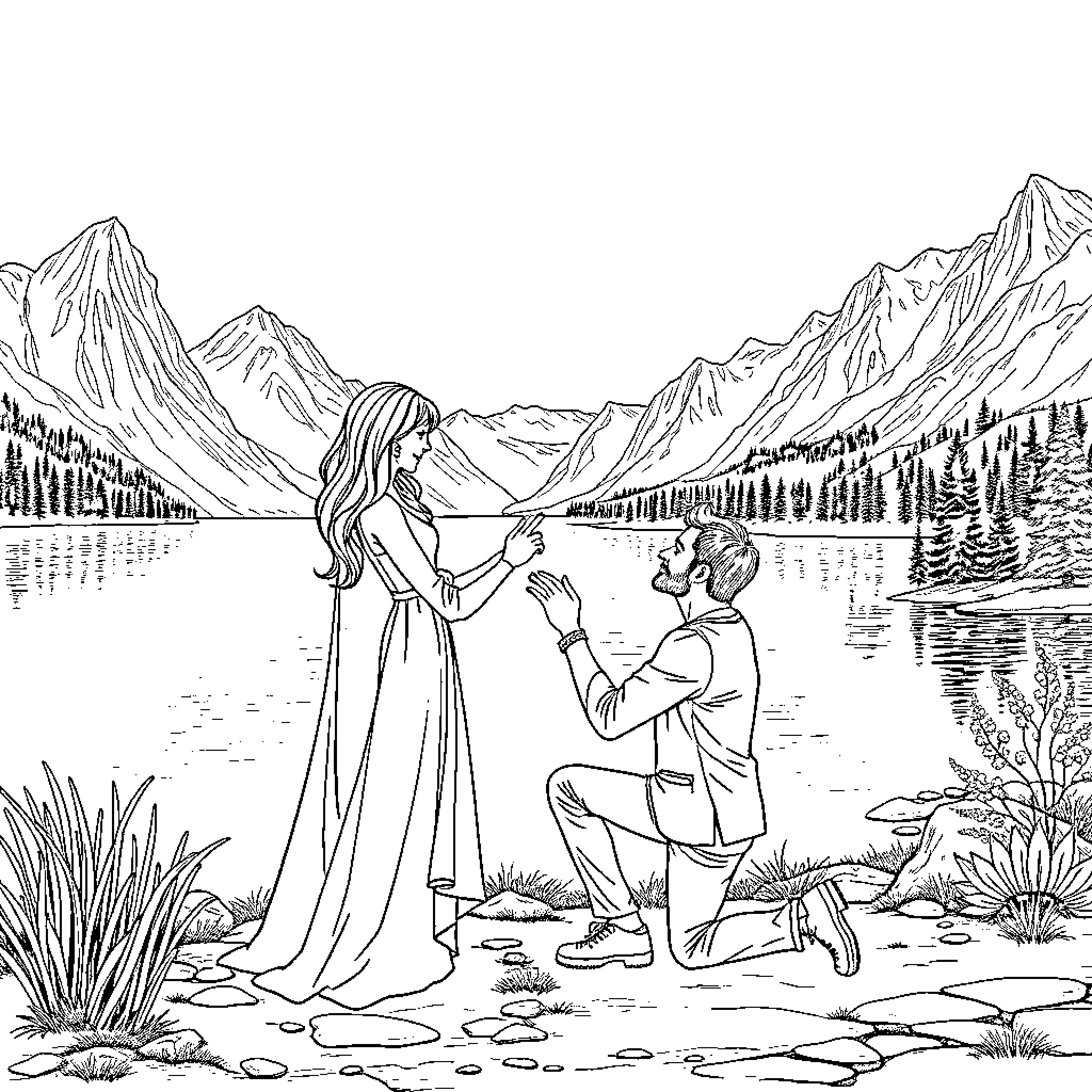 Proposal amidst scenic mountain landscape Coloring Page (free black-and-white line drawing printable PDF for all, from beginners to advanced learners, including children, teens, adults, and seniors)