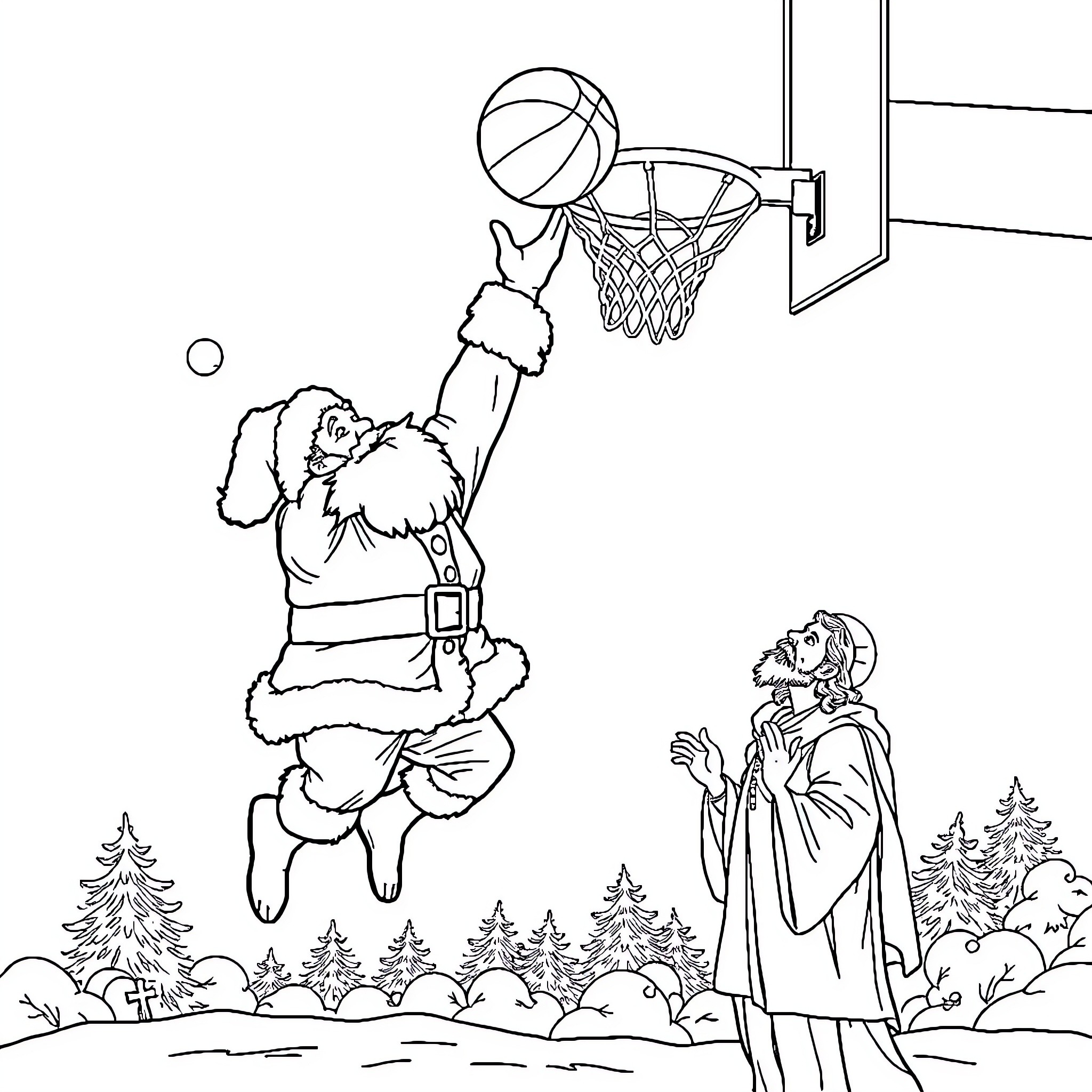 Santa playing basketball with a child Coloring Page (free black-and-white line drawing printable PDF for all, from beginners to advanced learners, including children, teens, adults, and seniors)