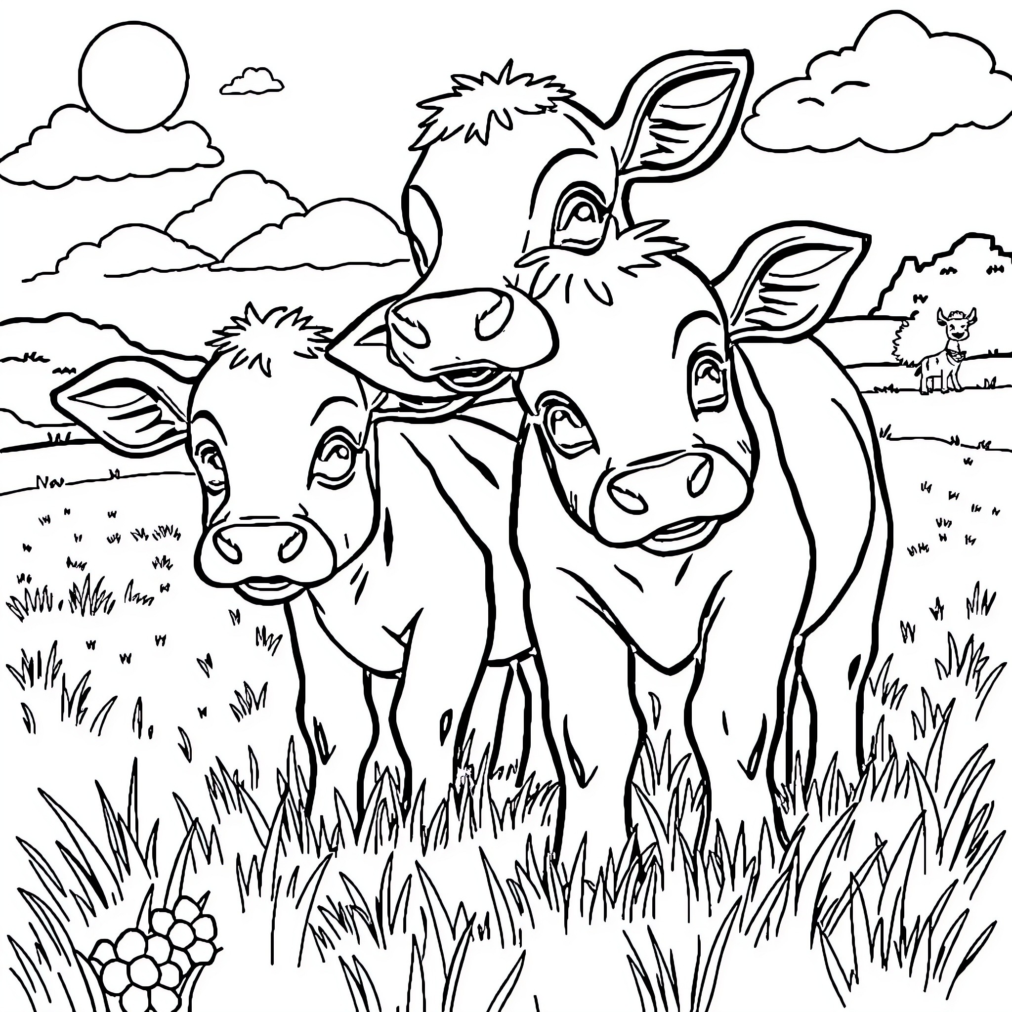 Cows enjoying a sunny day in the field Coloring Page (free black-and-white line drawing printable PDF for all, from beginners to advanced learners, including children, teens, adults, and seniors)