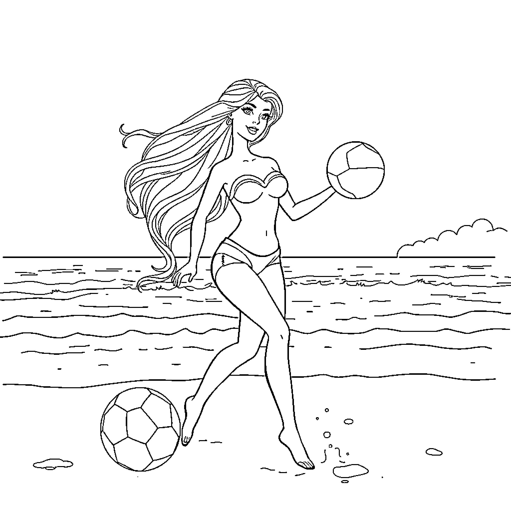 Barbie playing beach volleyball in the sun Coloring Page (free black-and-white line drawing printable PDF for all, from beginners to advanced learners, including children, teens, adults, and seniors)