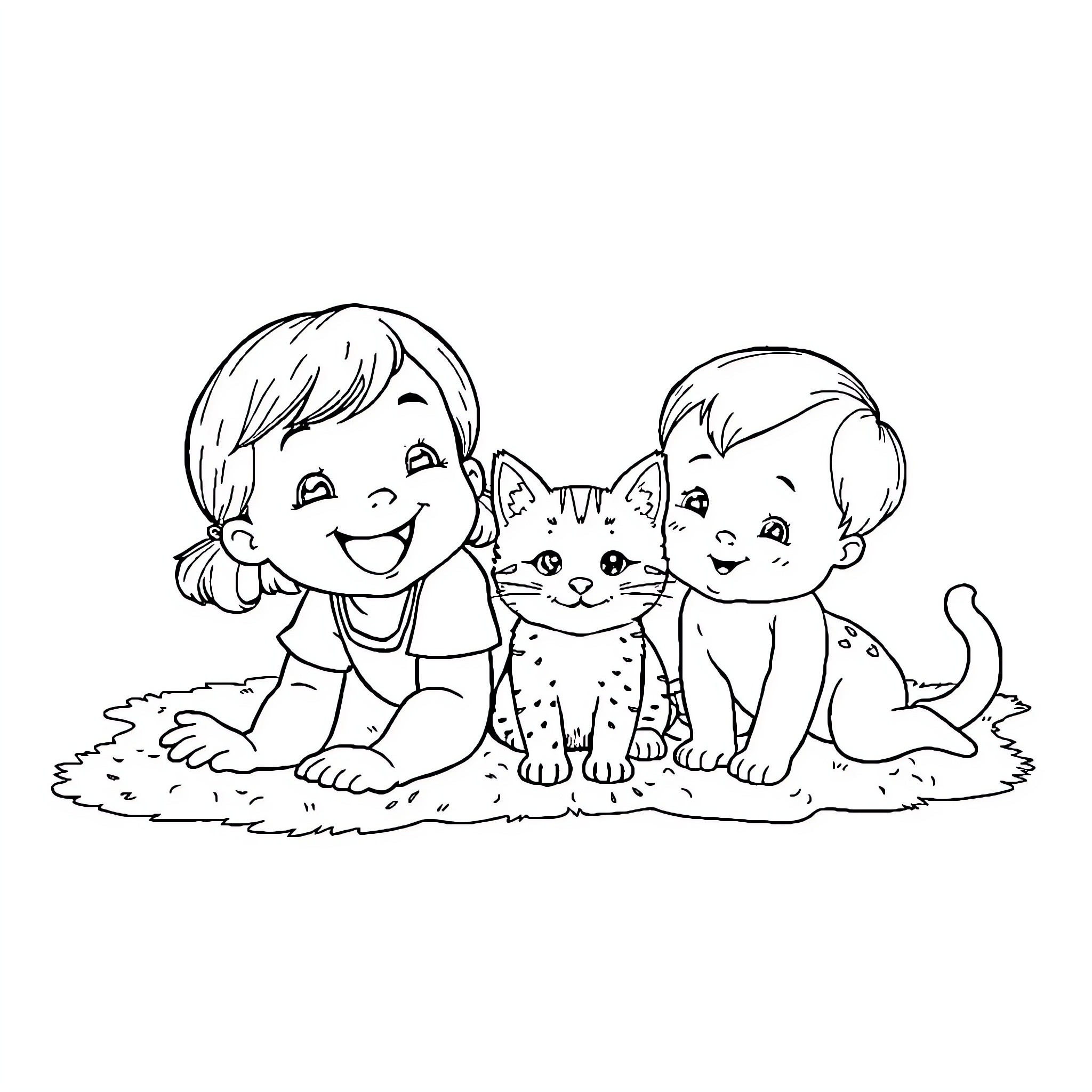 Girl and Boy Playing with Adorable Cat Coloring Page (free black-and-white line drawing printable PDF for all, from beginners to advanced learners, including children, teens, adults, and seniors)